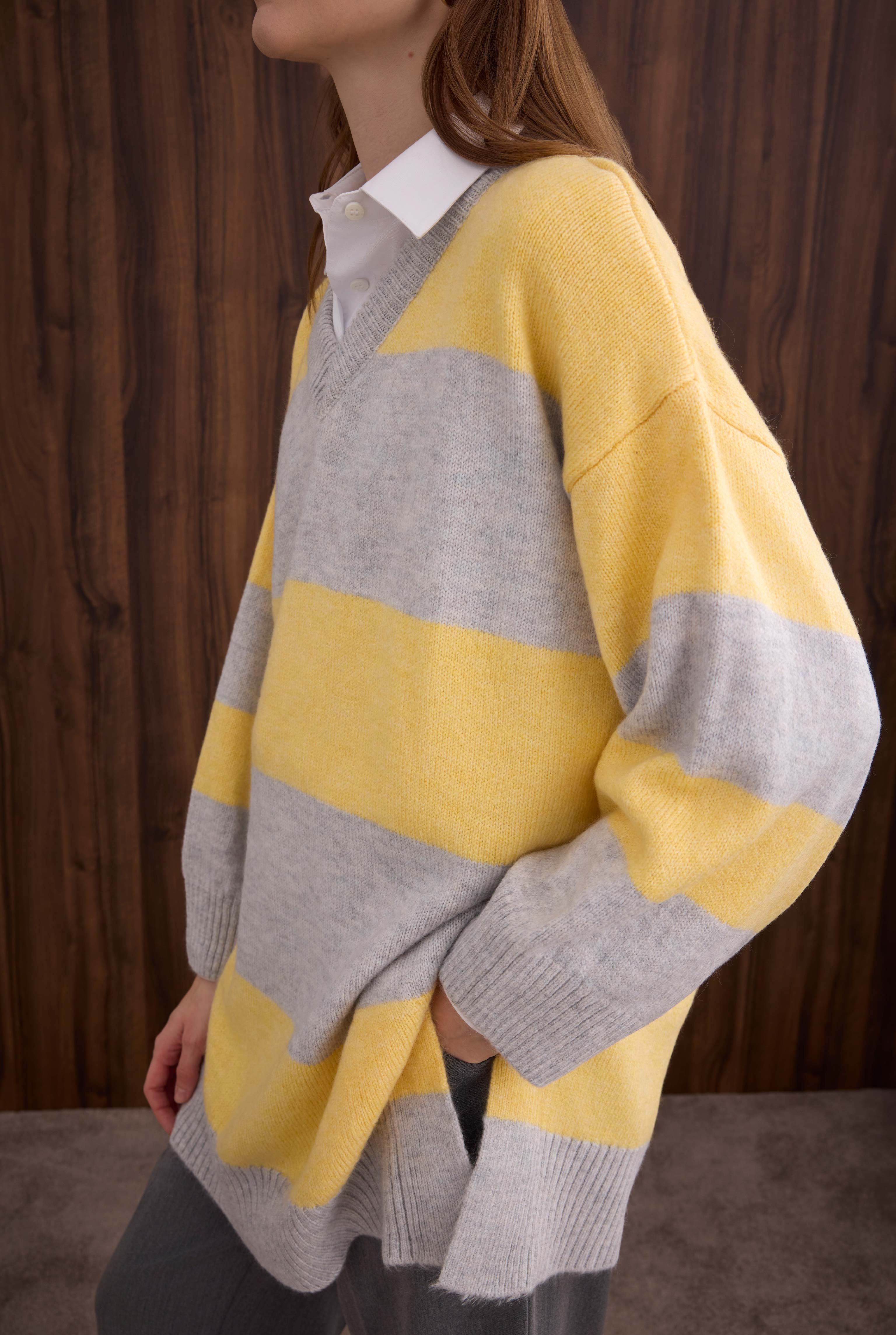 Striped V Collared Sweater Light Gray-Soft Yellow - 3