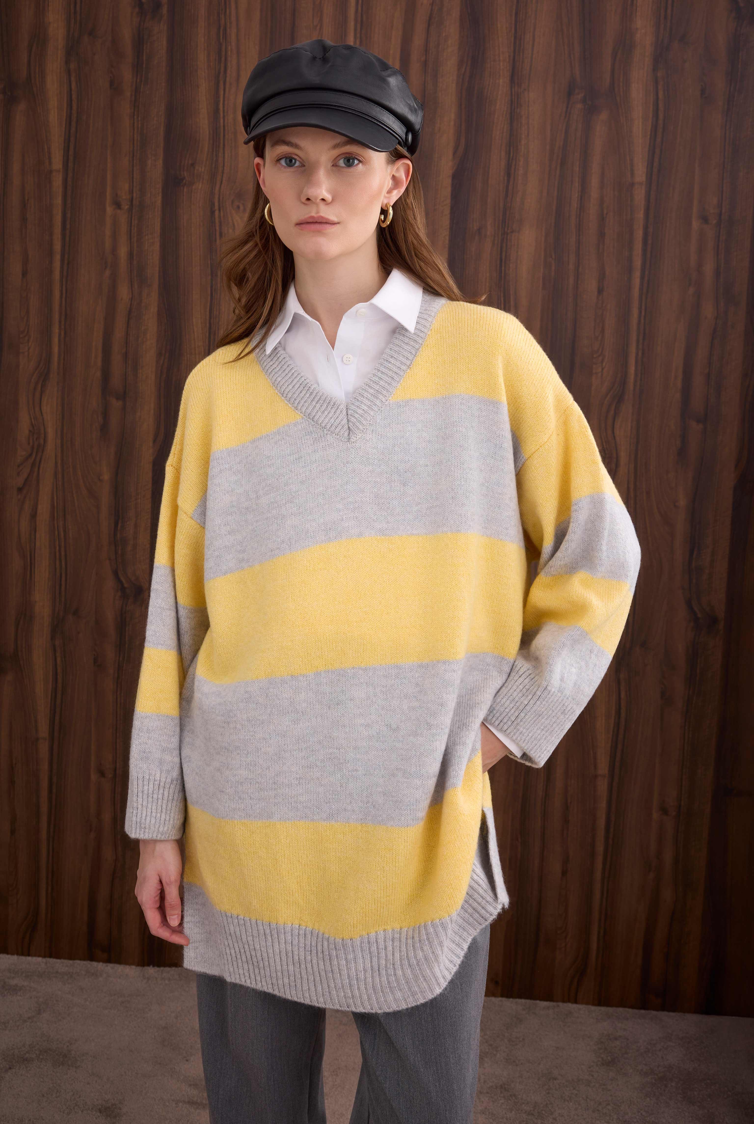 Striped V Collared Sweater Light Gray-Soft Yellow - 4