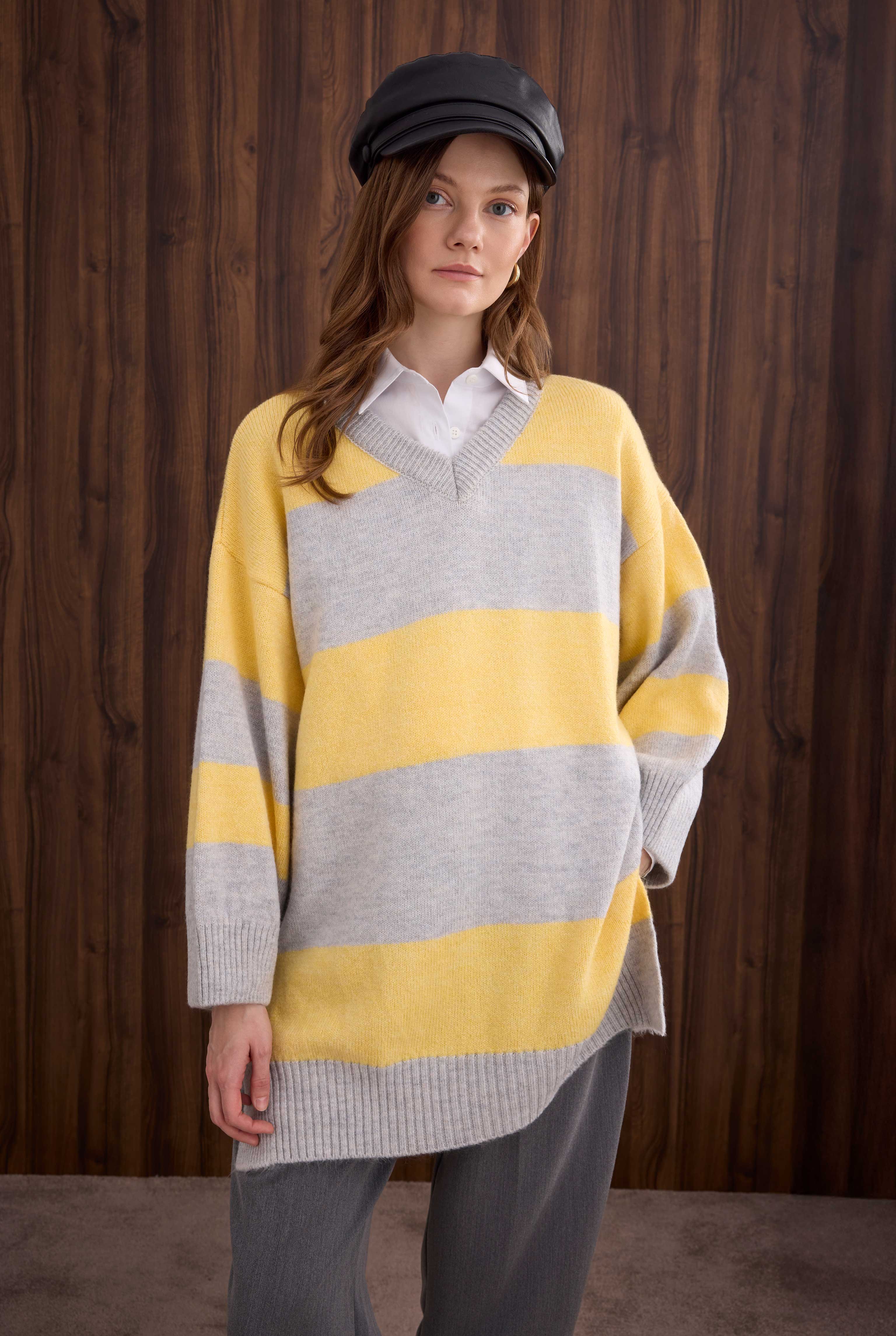 Striped V Collared Sweater Light Gray-Soft Yellow - HE-QA