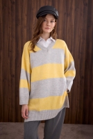 Striped V Collared Sweater Light Gray-Soft Yellow 