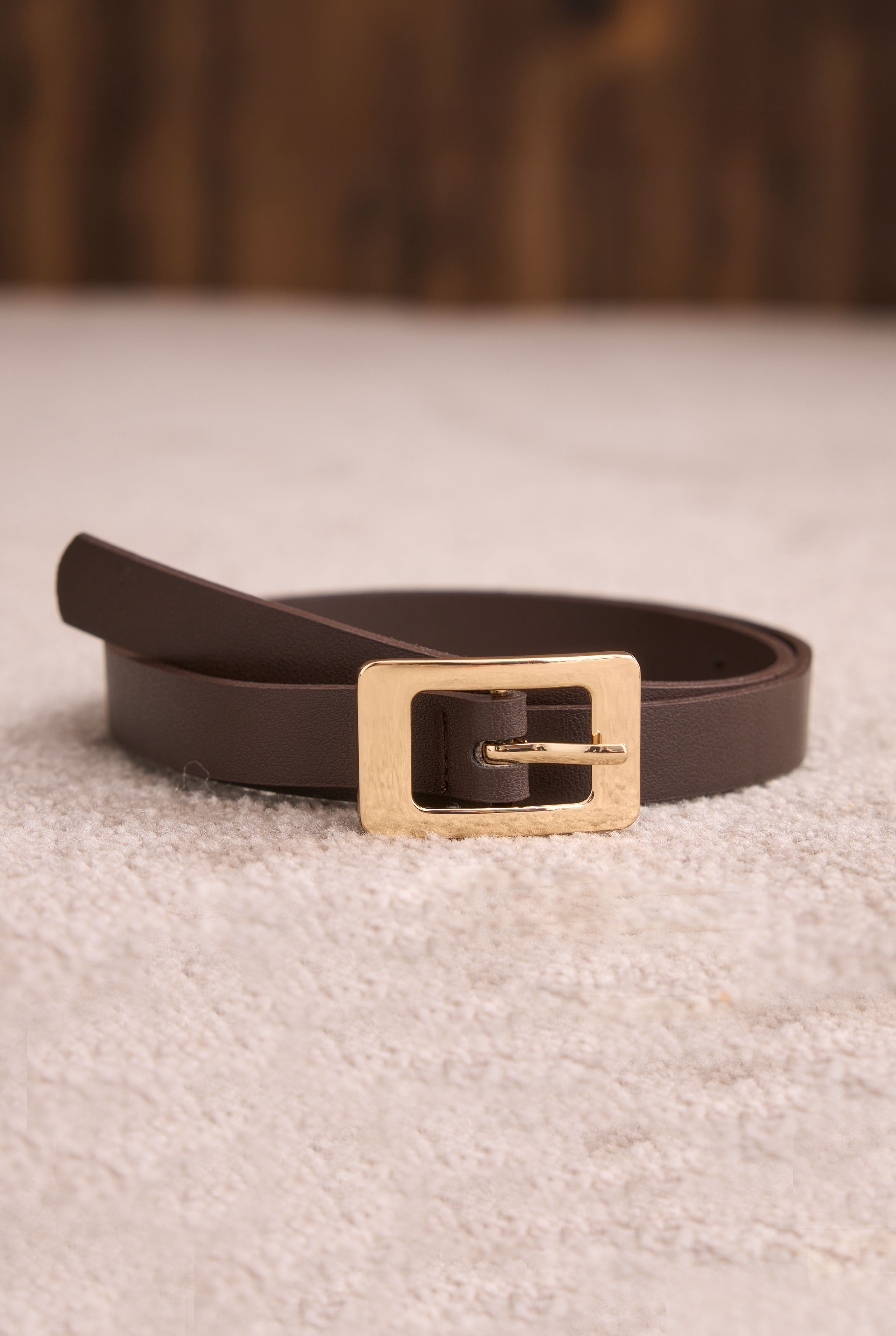 Belt With Gold Square Buckle Dark Brown - HE-QA