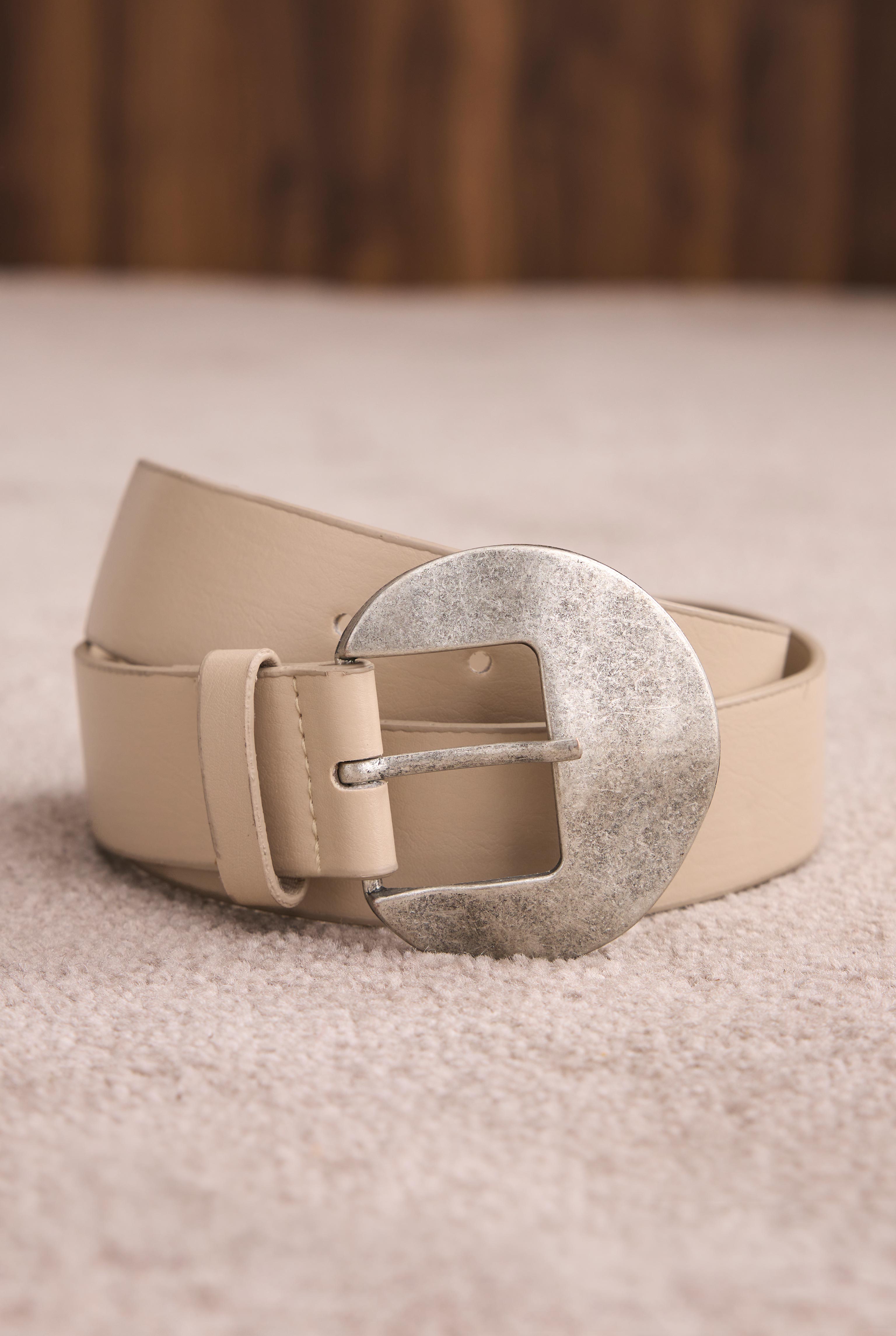 Belt With Oval Metal Buckle Beige - HE-QA
