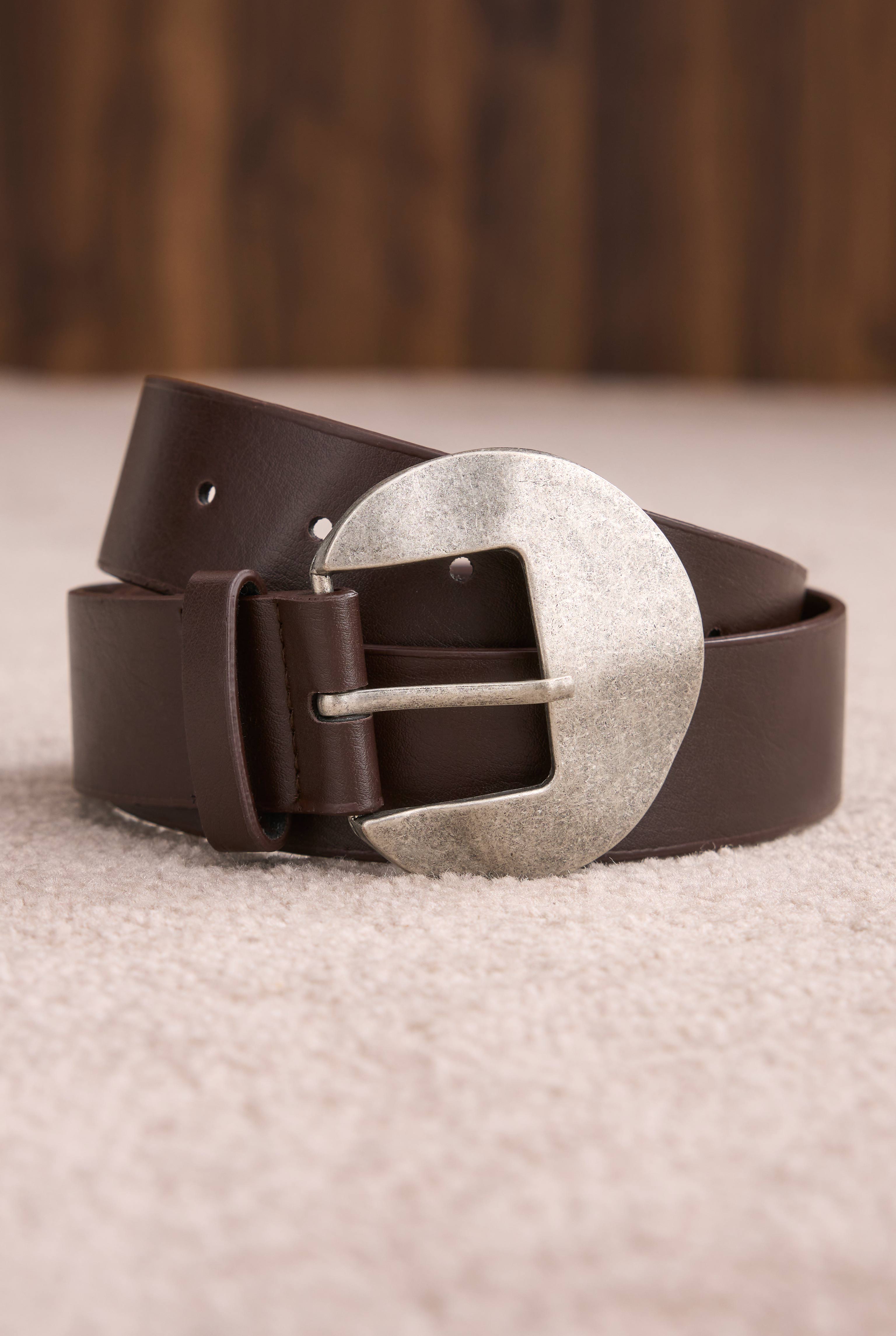 Belt With Oval Metal Buckle Dark Brown - HE-QA