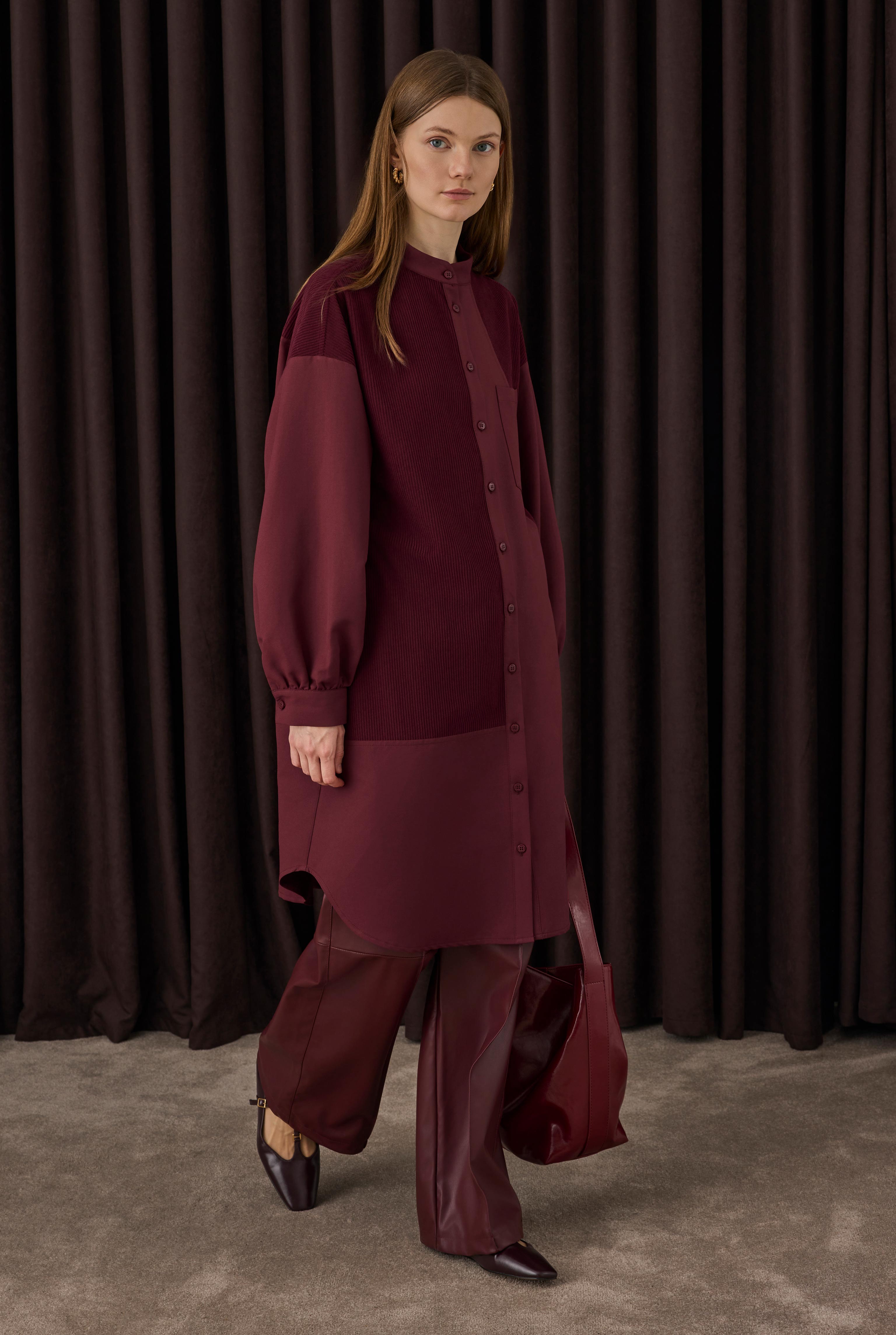 Velvet Trimmed Shirt Bordeaux - 2
