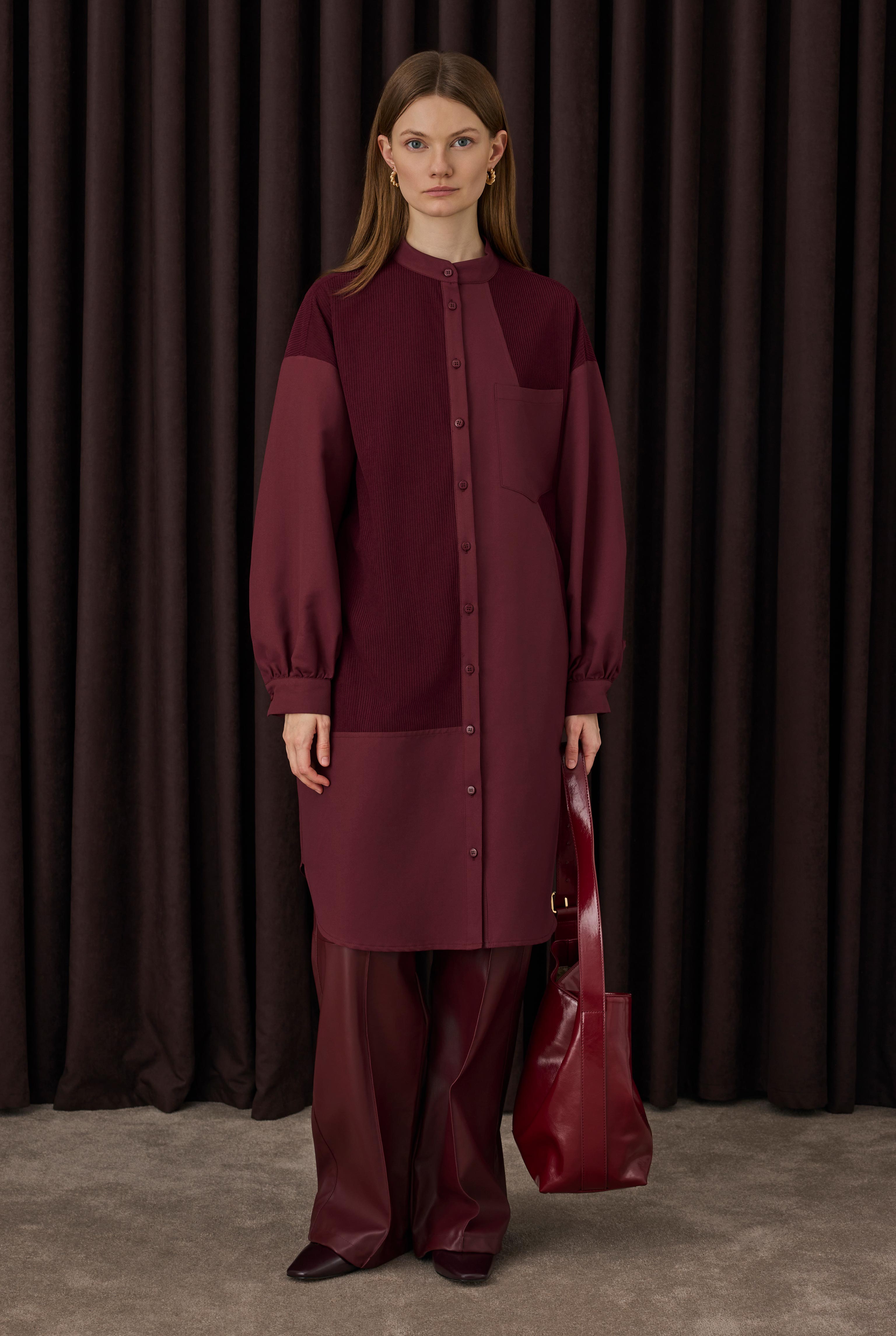 Velvet Trimmed Shirt Bordeaux - HE-QA