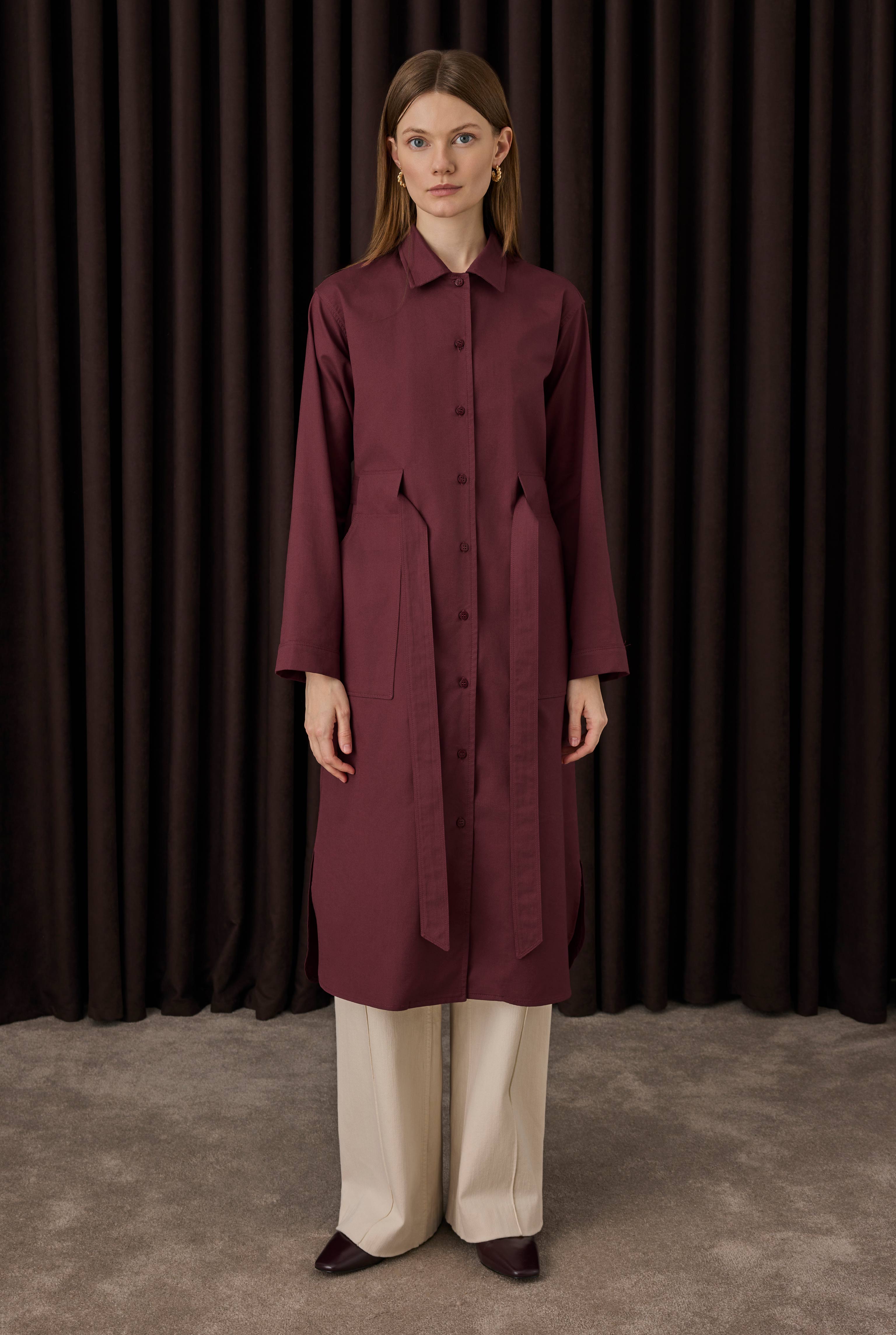 Belt Detailed Long Shirt Bordeaux - 2