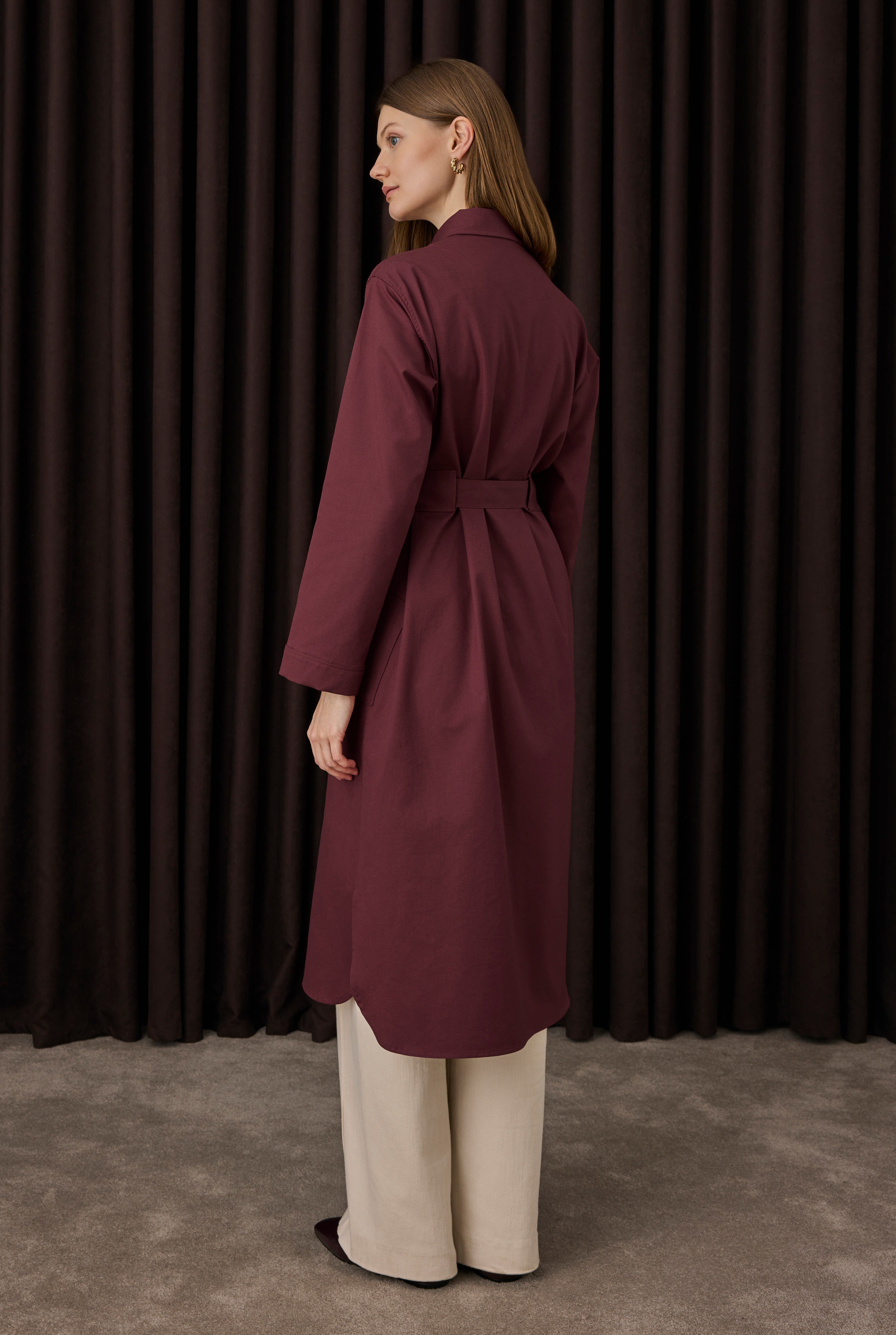 Belt Detailed Long Shirt Bordeaux - 3