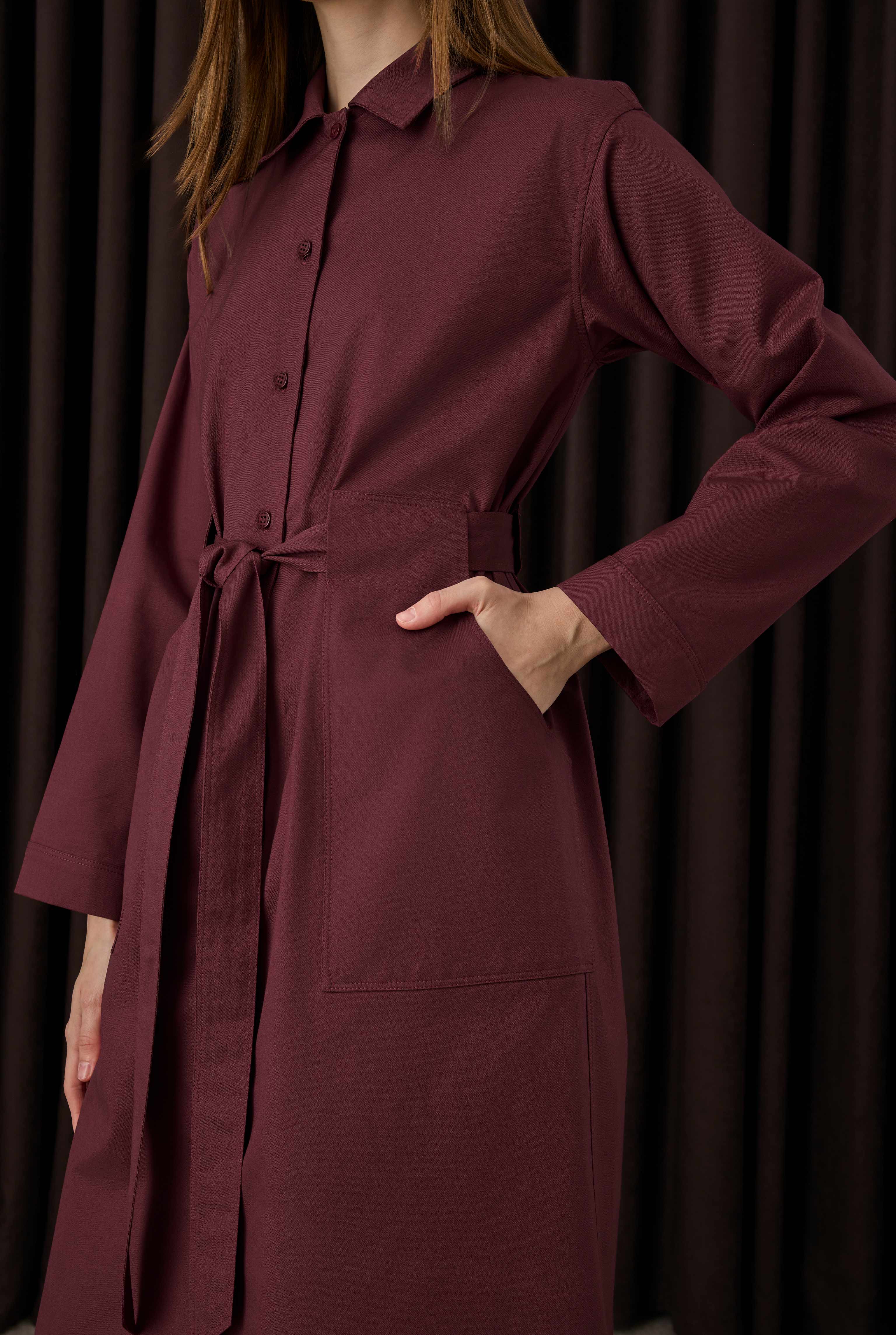 Belt Detailed Long Shirt Bordeaux - 4