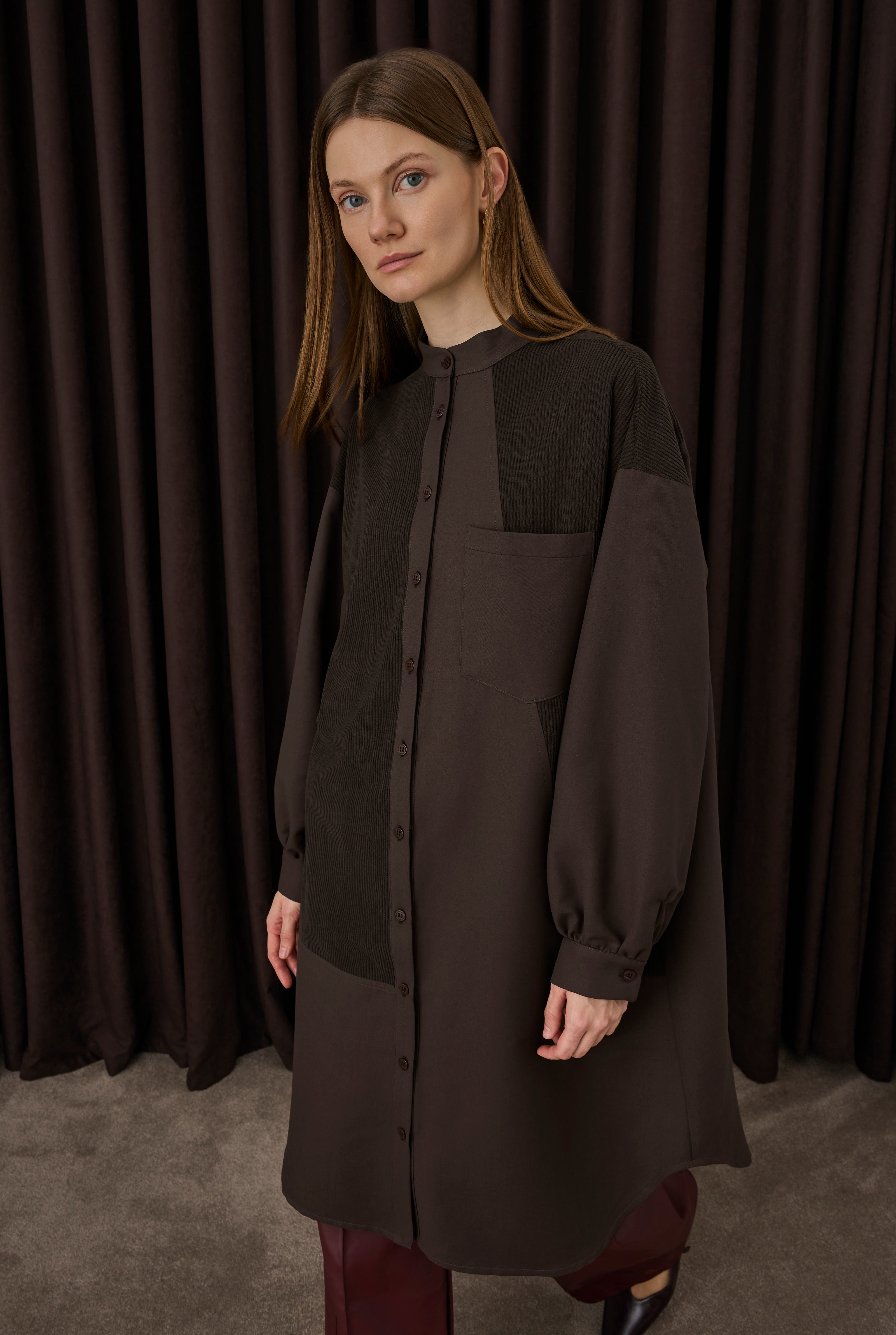 Velvet Trimmed Shirt Dark Brown - 1