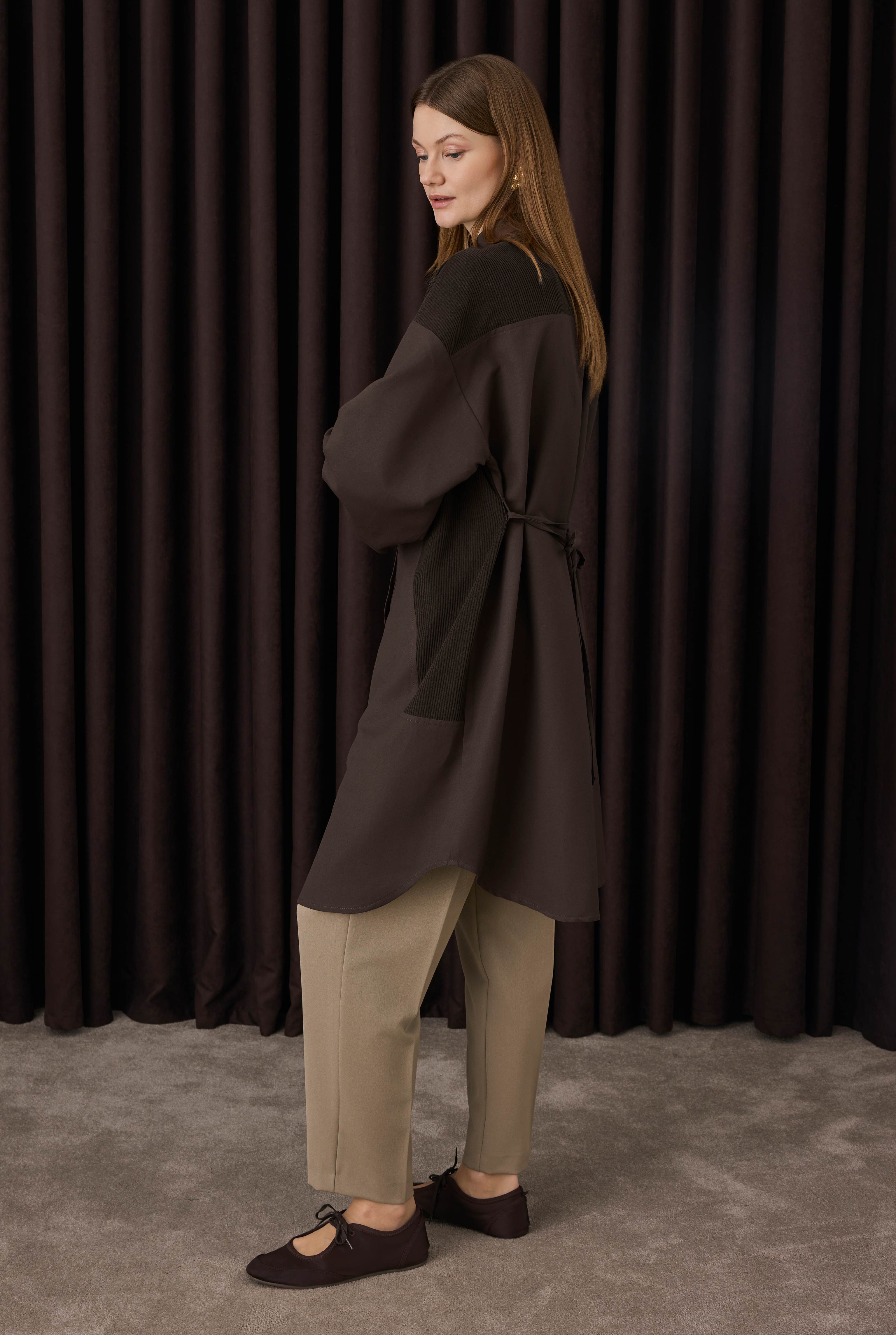 Velvet Trimmed Shirt Dark Brown - 2