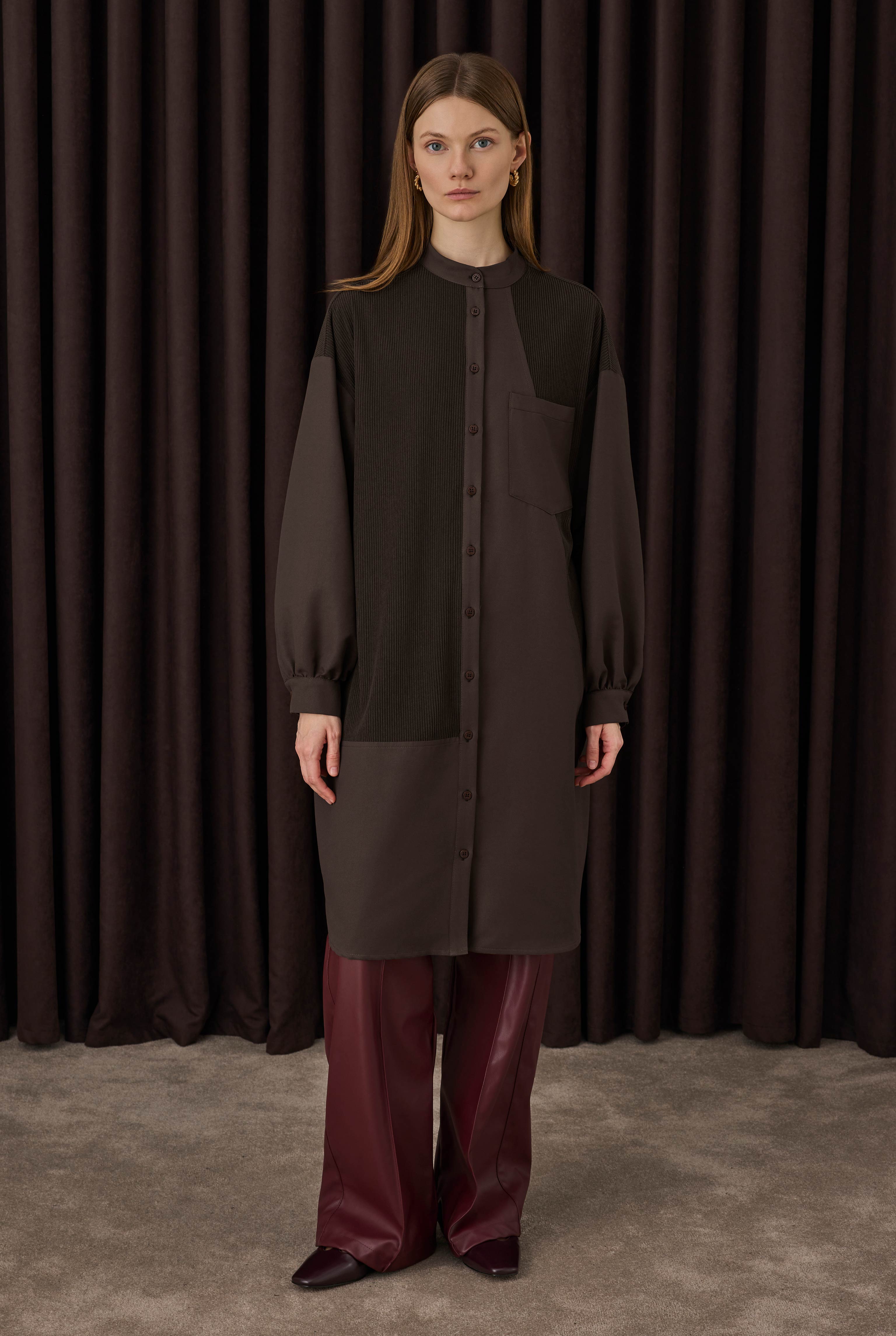 Velvet Trimmed Shirt Dark Brown - 3