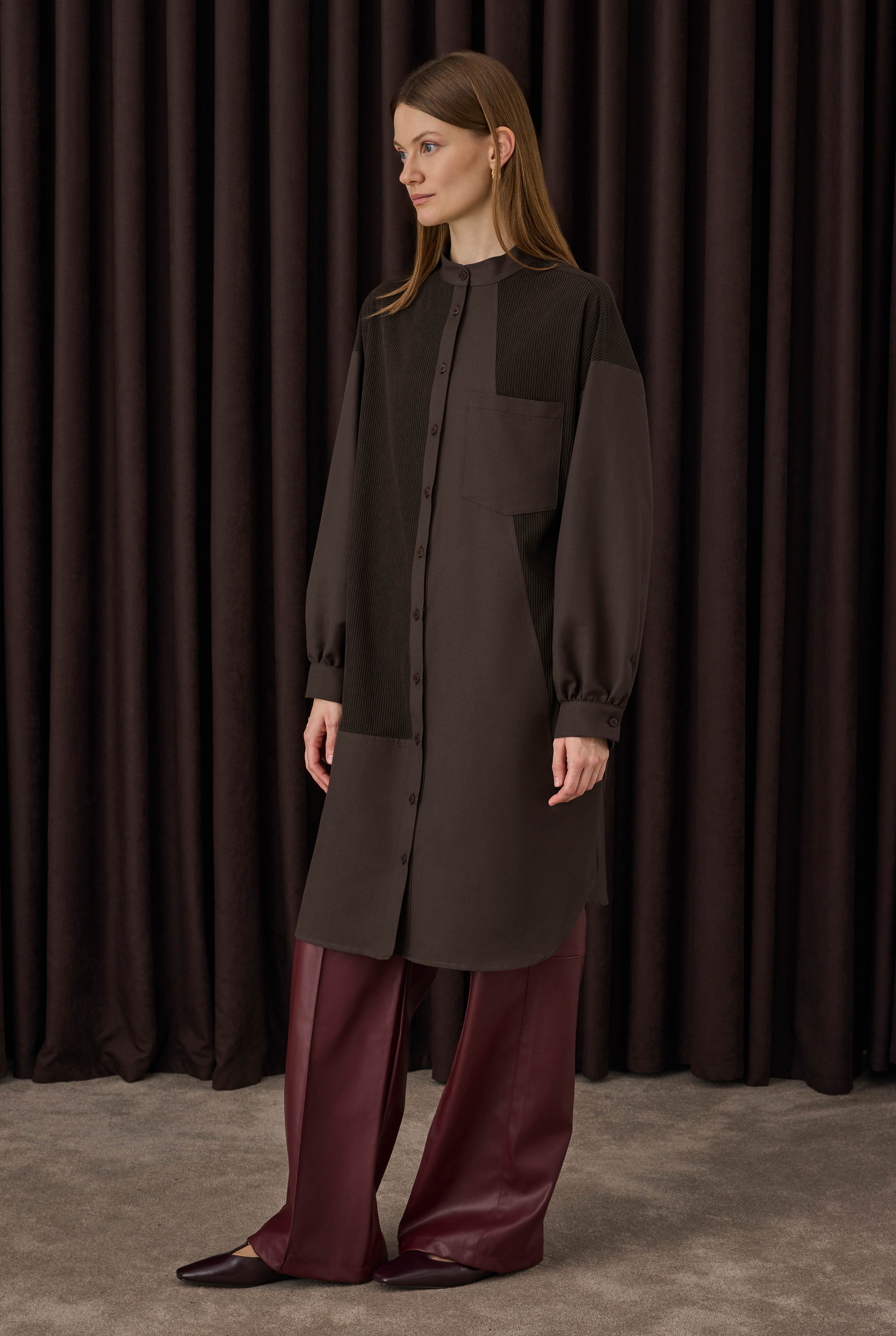 Velvet Trimmed Shirt Dark Brown - 4