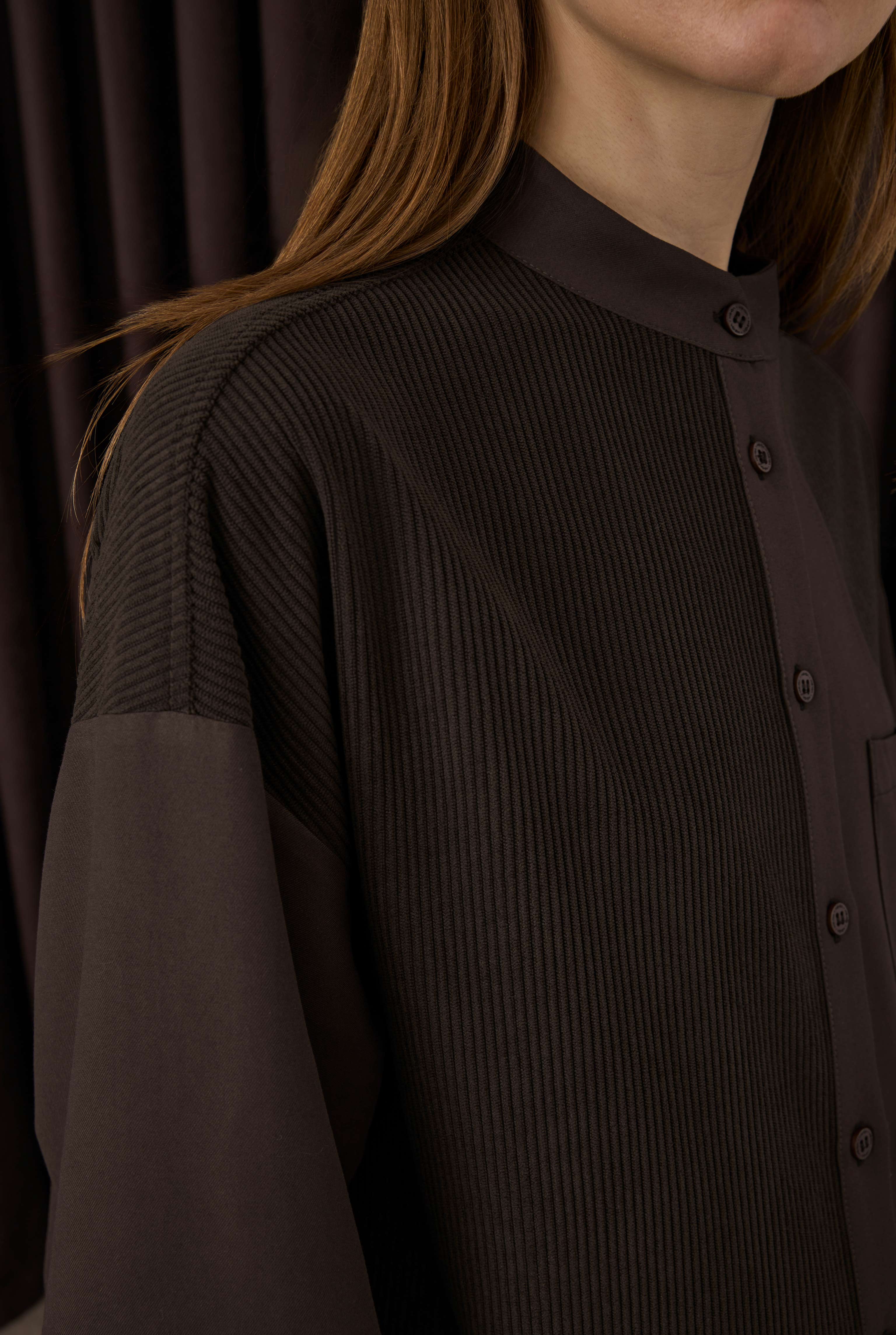 Velvet Trimmed Shirt Dark Brown - 6