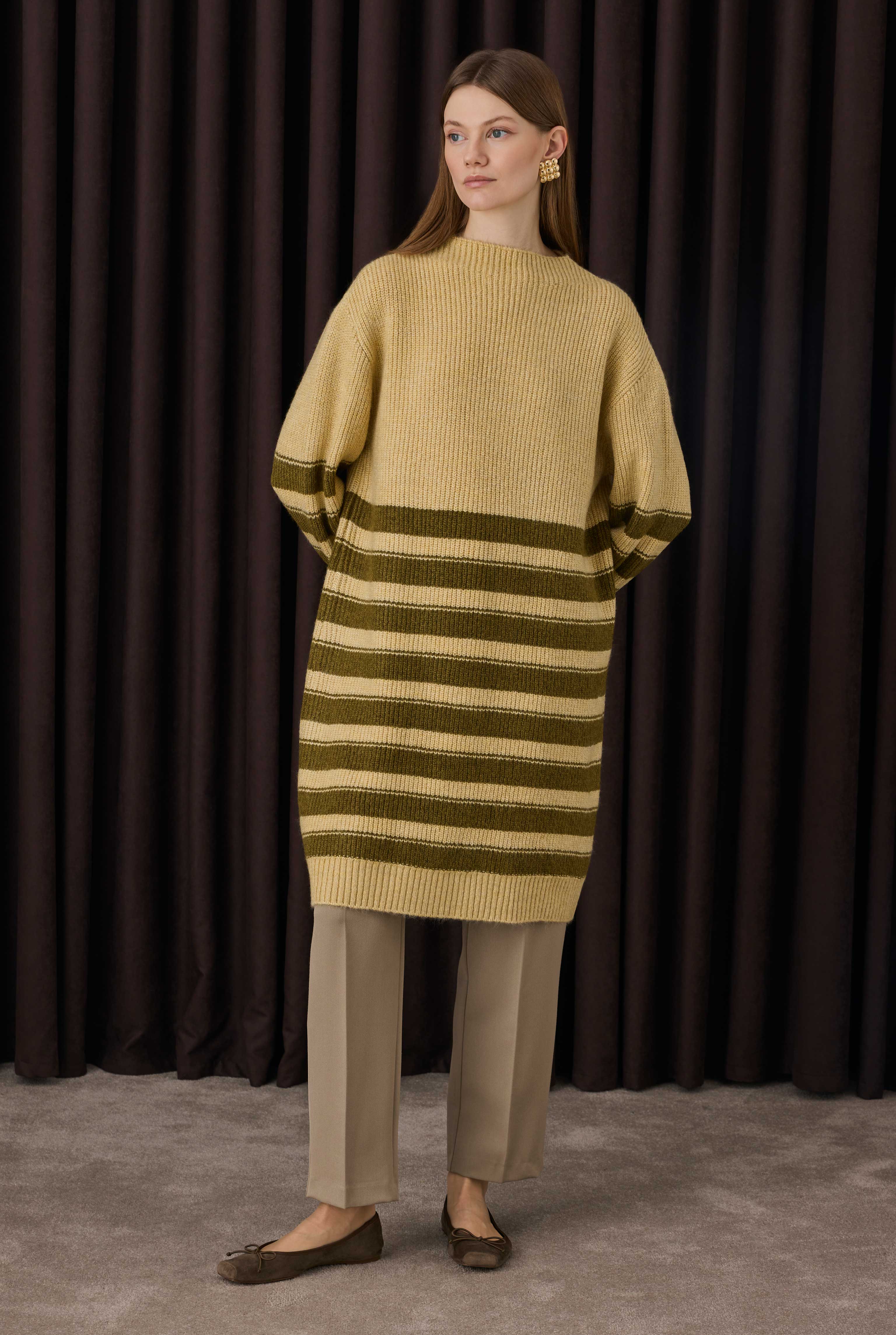 Long Fine Striped Sweater Butter Yellow-Moss Green - 2