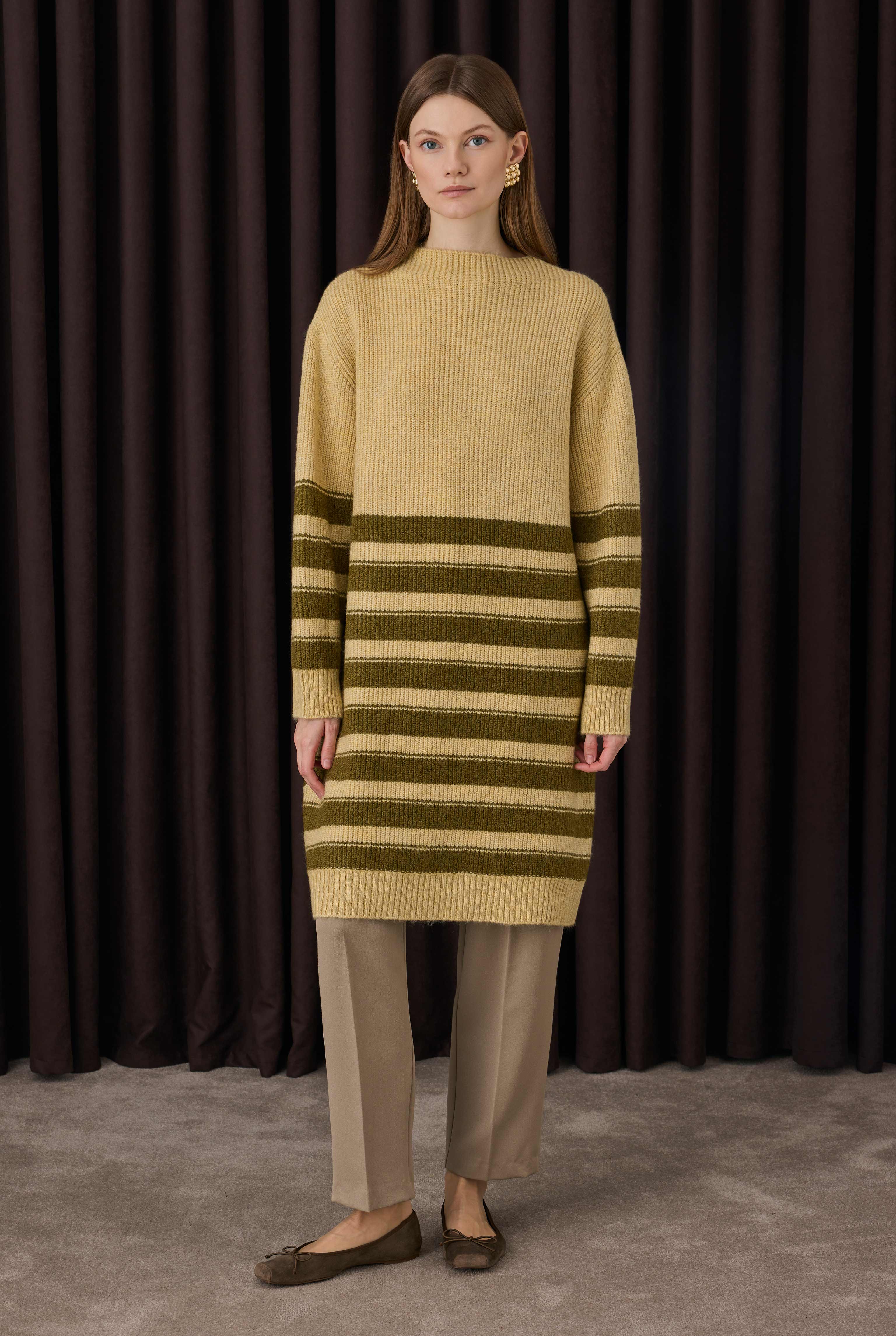 Long Fine Striped Sweater Butter Yellow-Moss Green - 3