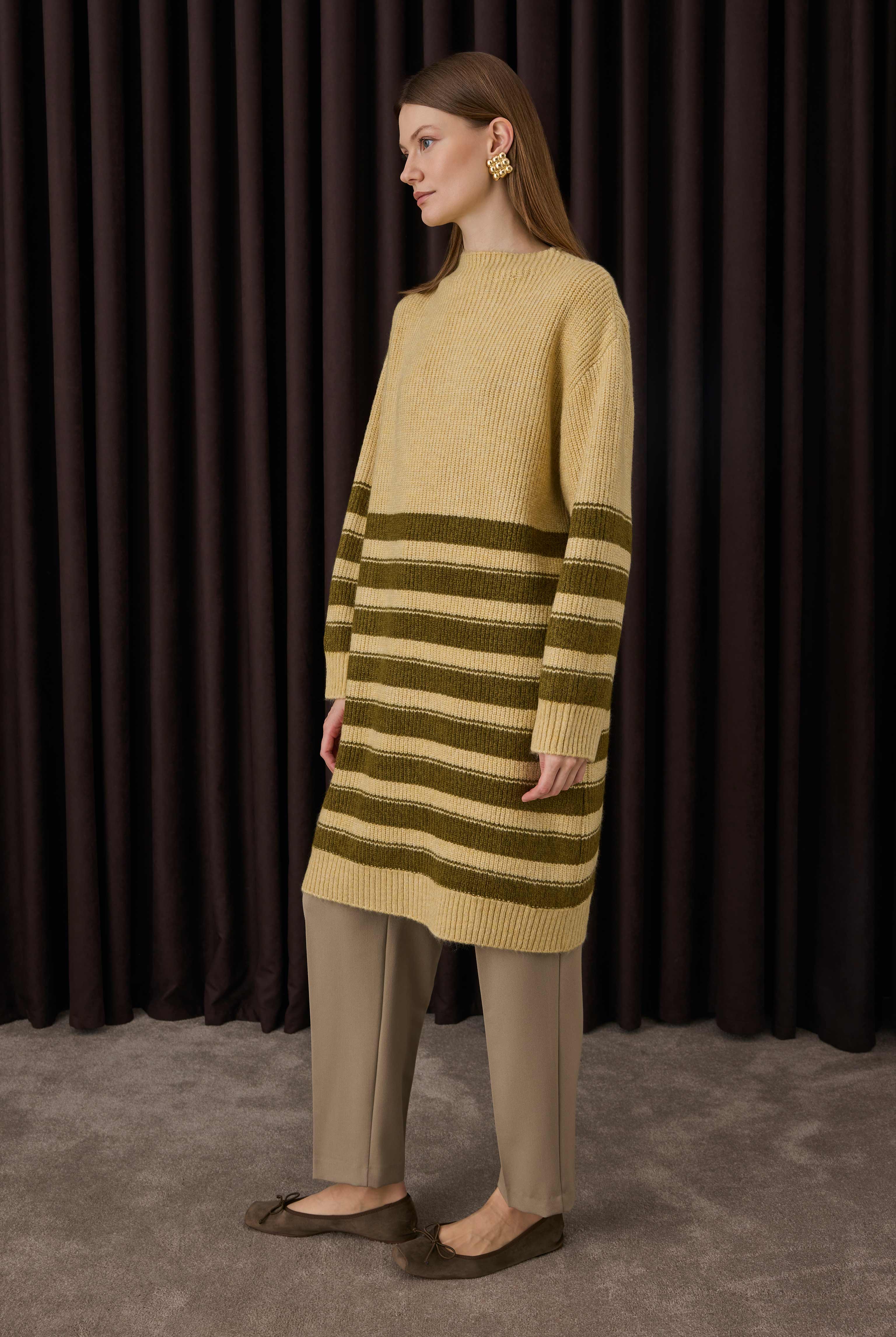 Long Fine Striped Sweater Butter Yellow-Moss Green - 4