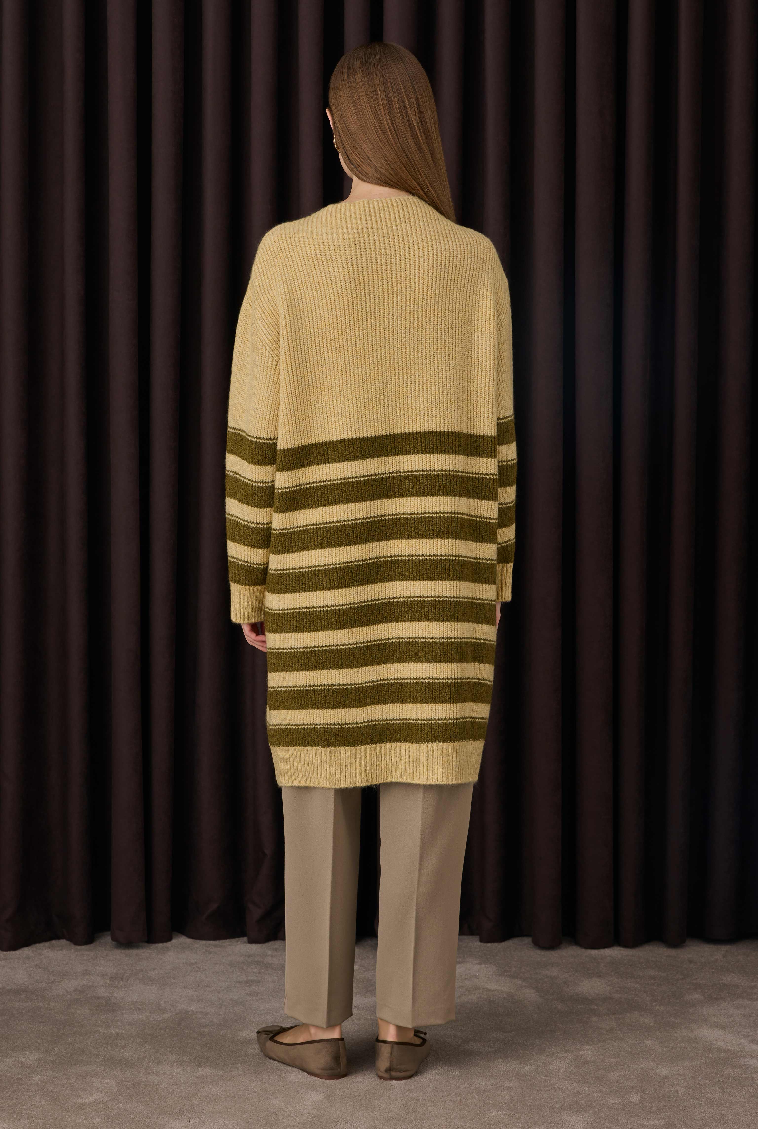 Long Fine Striped Sweater Butter Yellow-Moss Green - 5