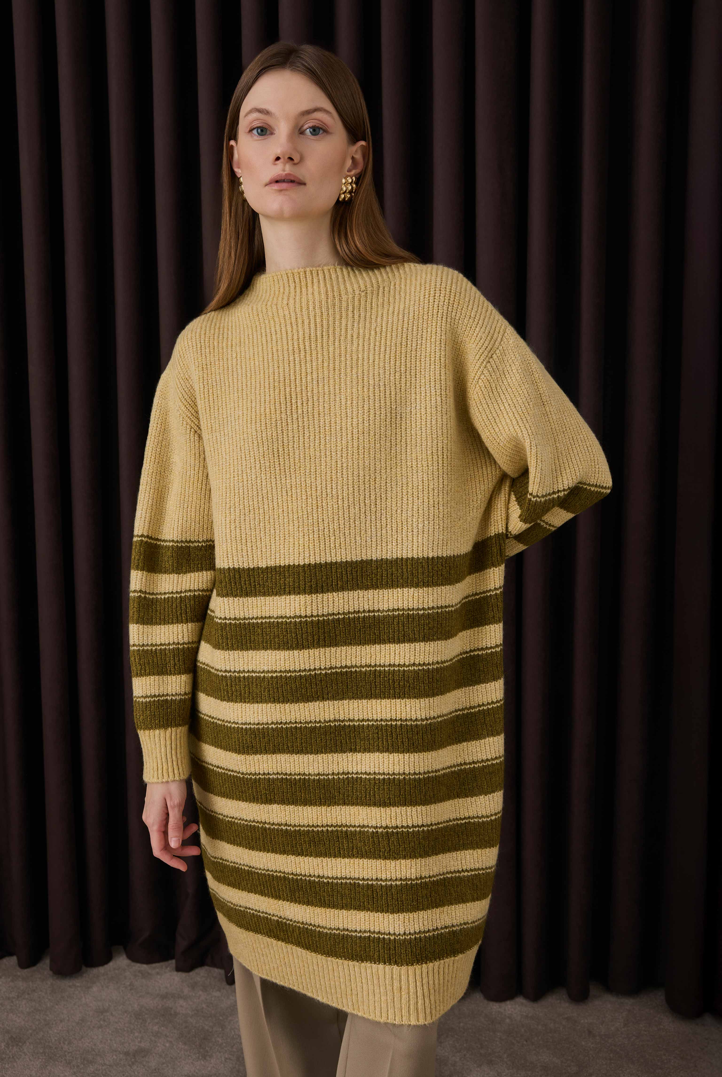 Long Fine Striped Sweater Butter Yellow-Moss Green - 1