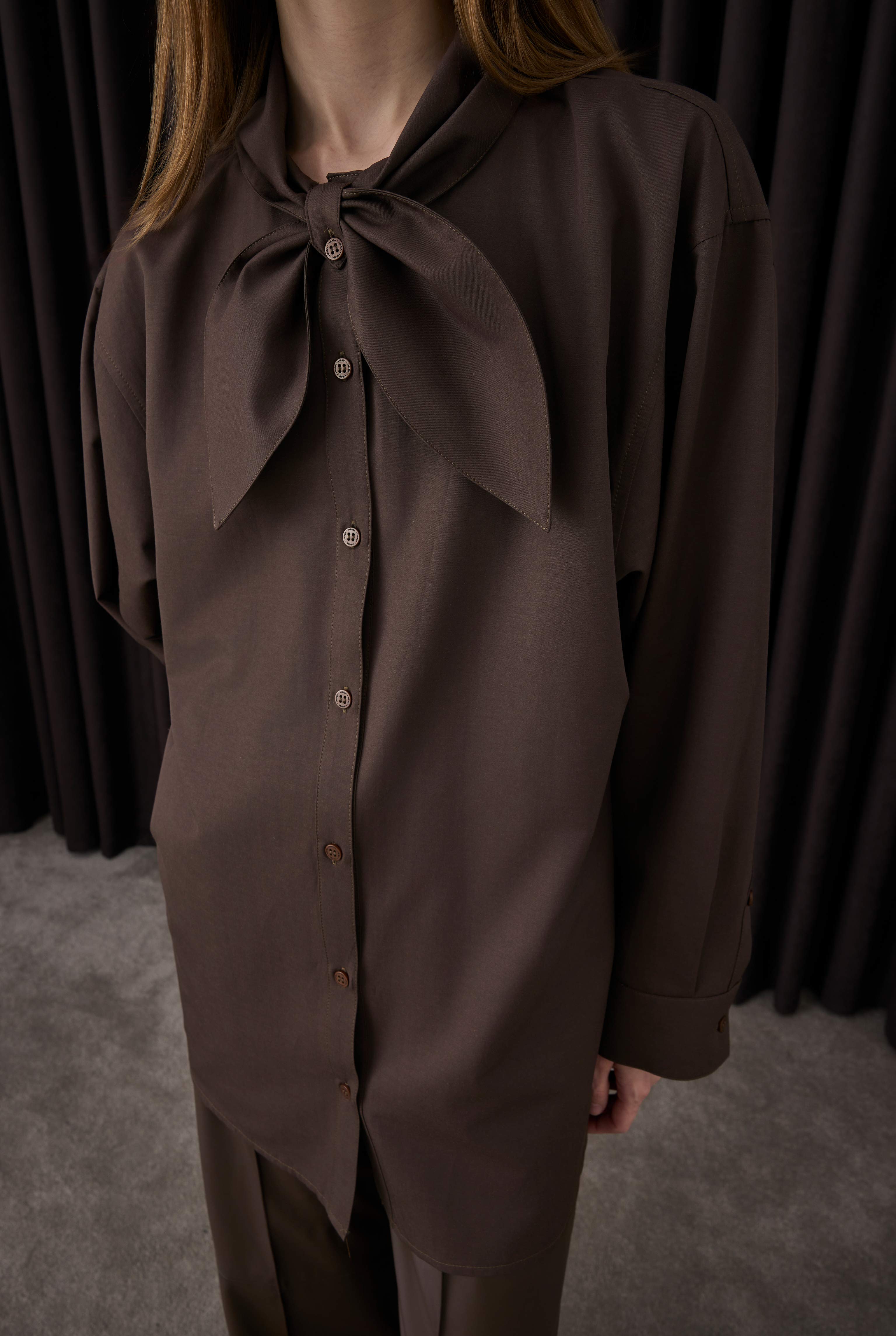 Bowtie Collar Shirt Dark Brown - 5