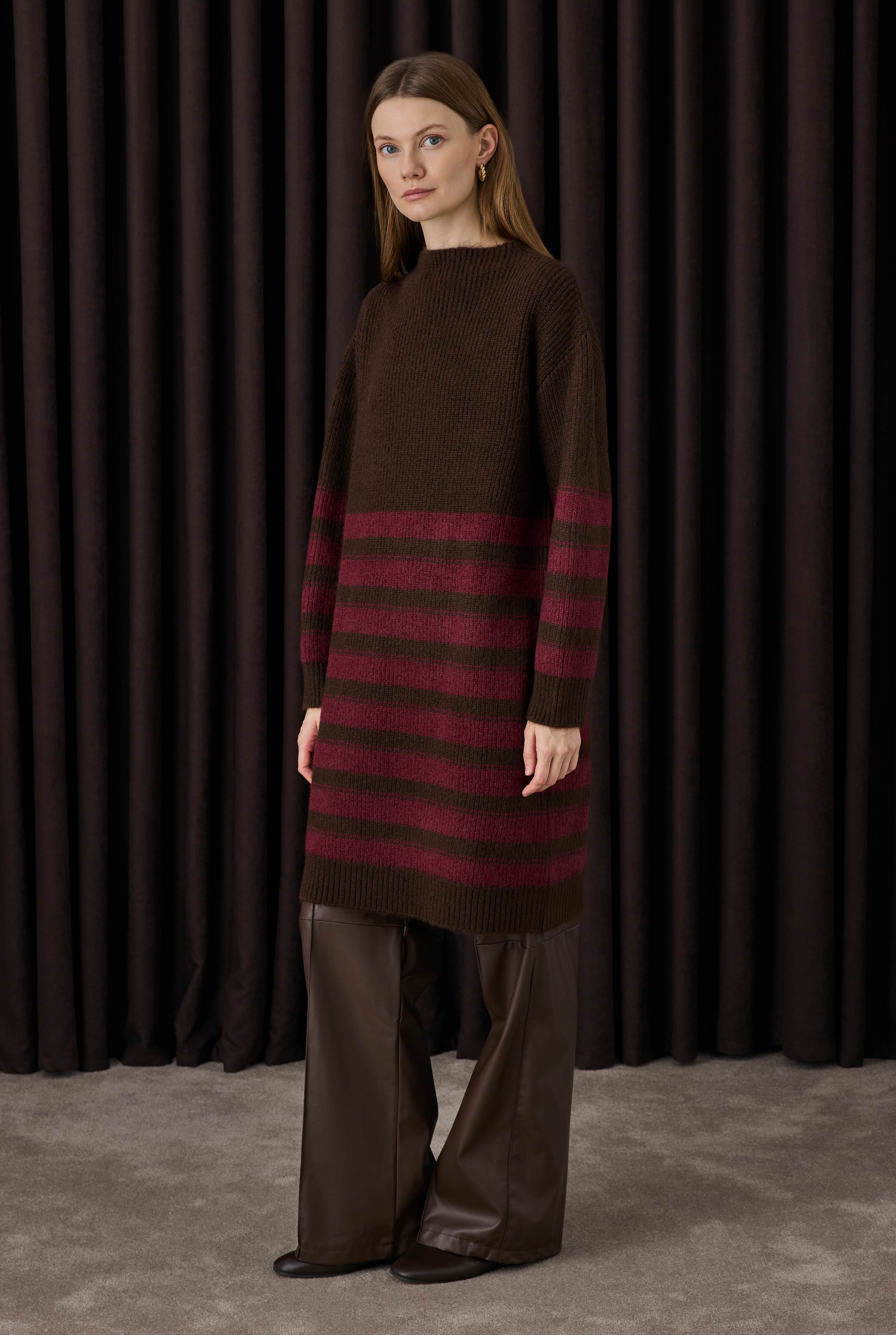 Long Fine Striped Sweater Brown-Bordeaux - 3