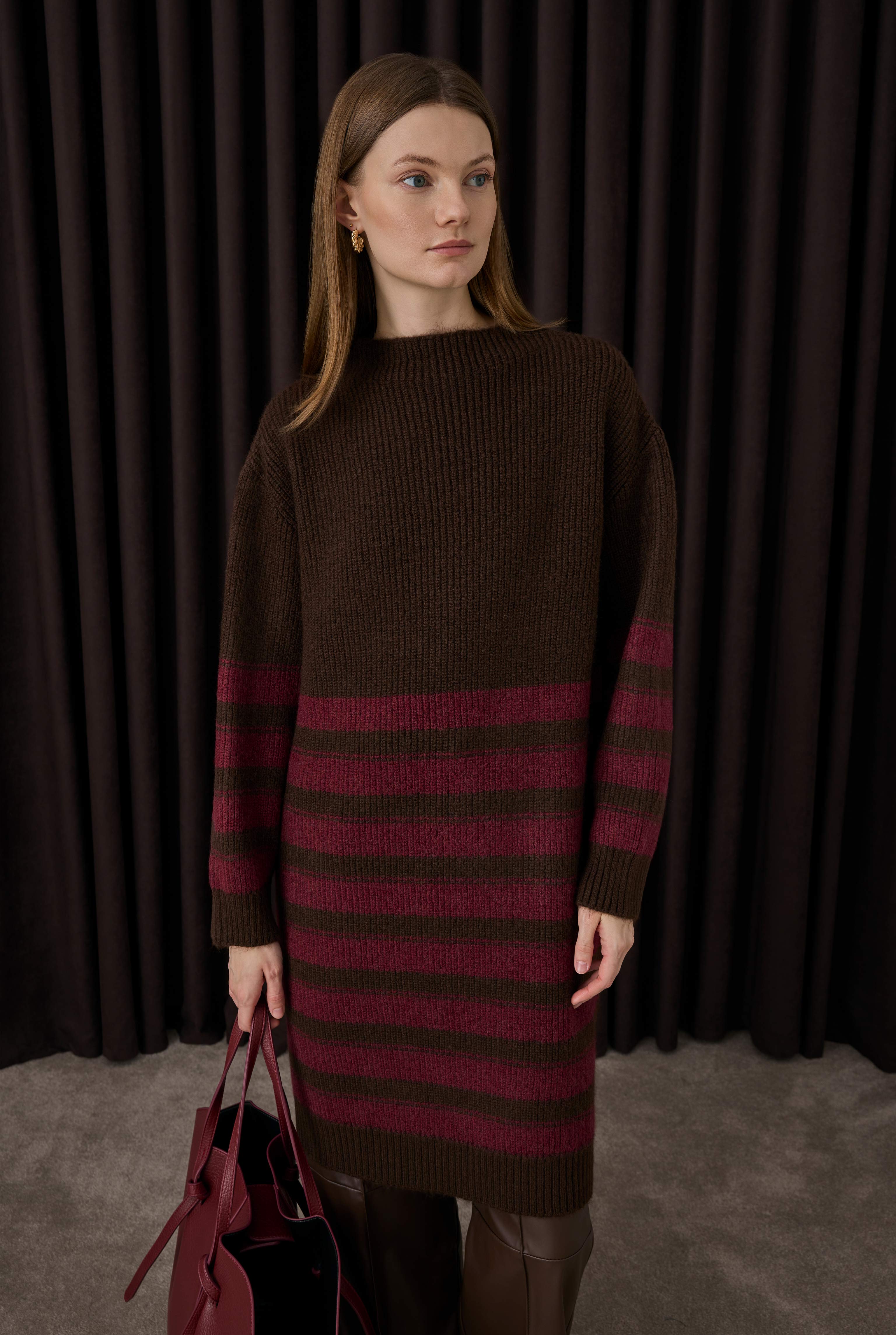 Long Fine Striped Sweater Brown-Bordeaux - 2