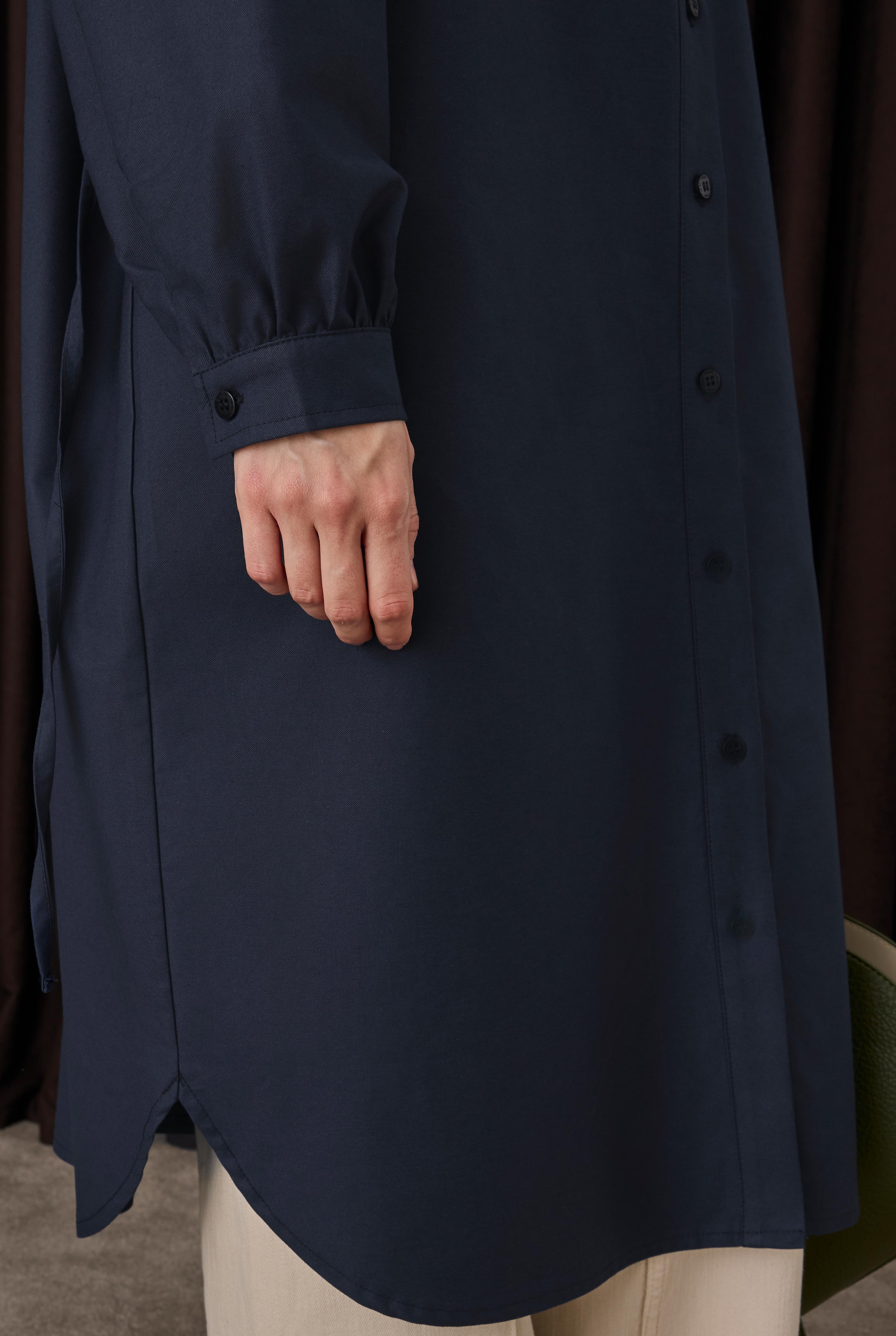 Uzun Büzgü Detaylı Gömlek Koyu Lacivert - 4