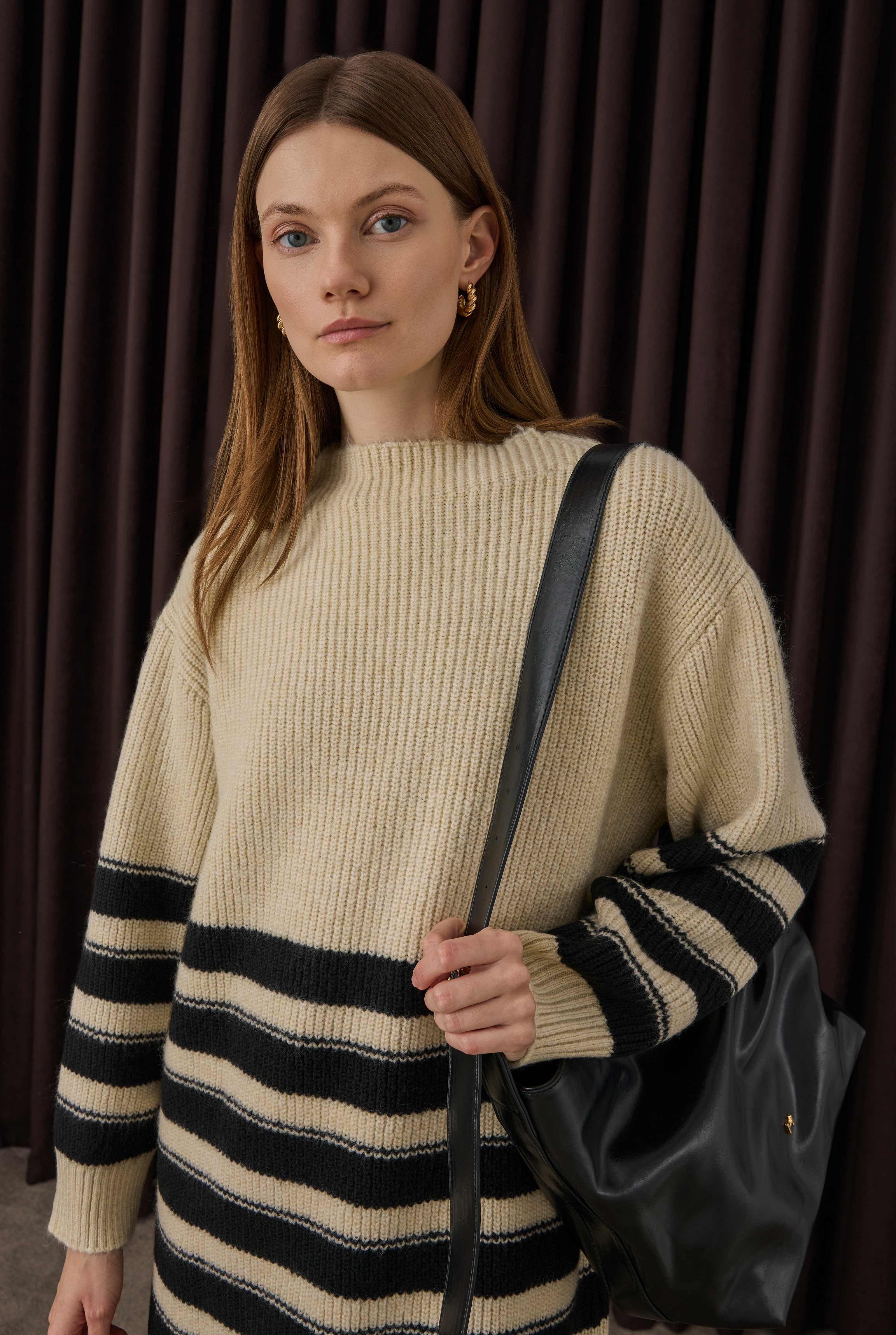 Long Fine Striped Sweater Bone-Black - 3