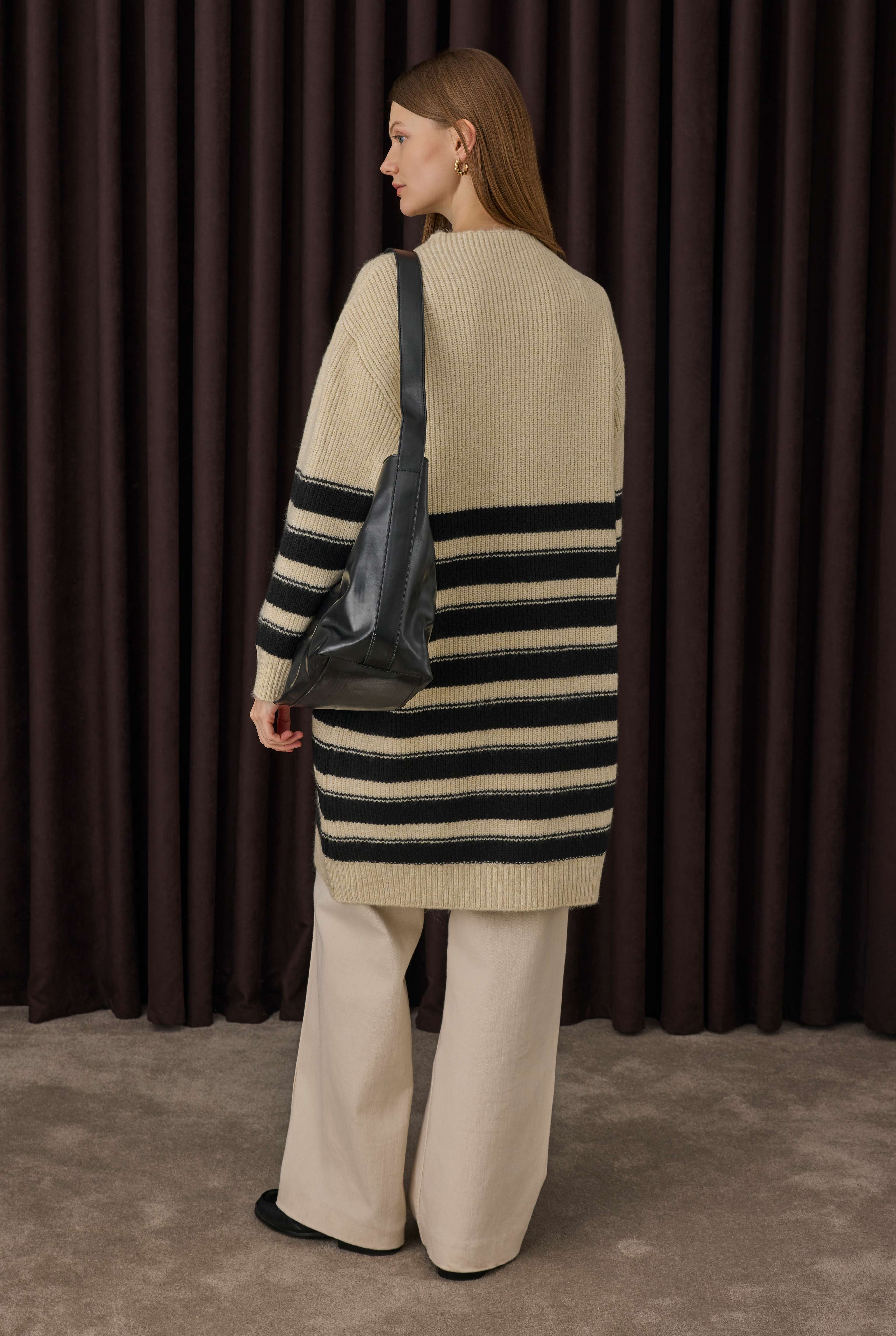 Long Fine Striped Sweater Bone-Black - 4