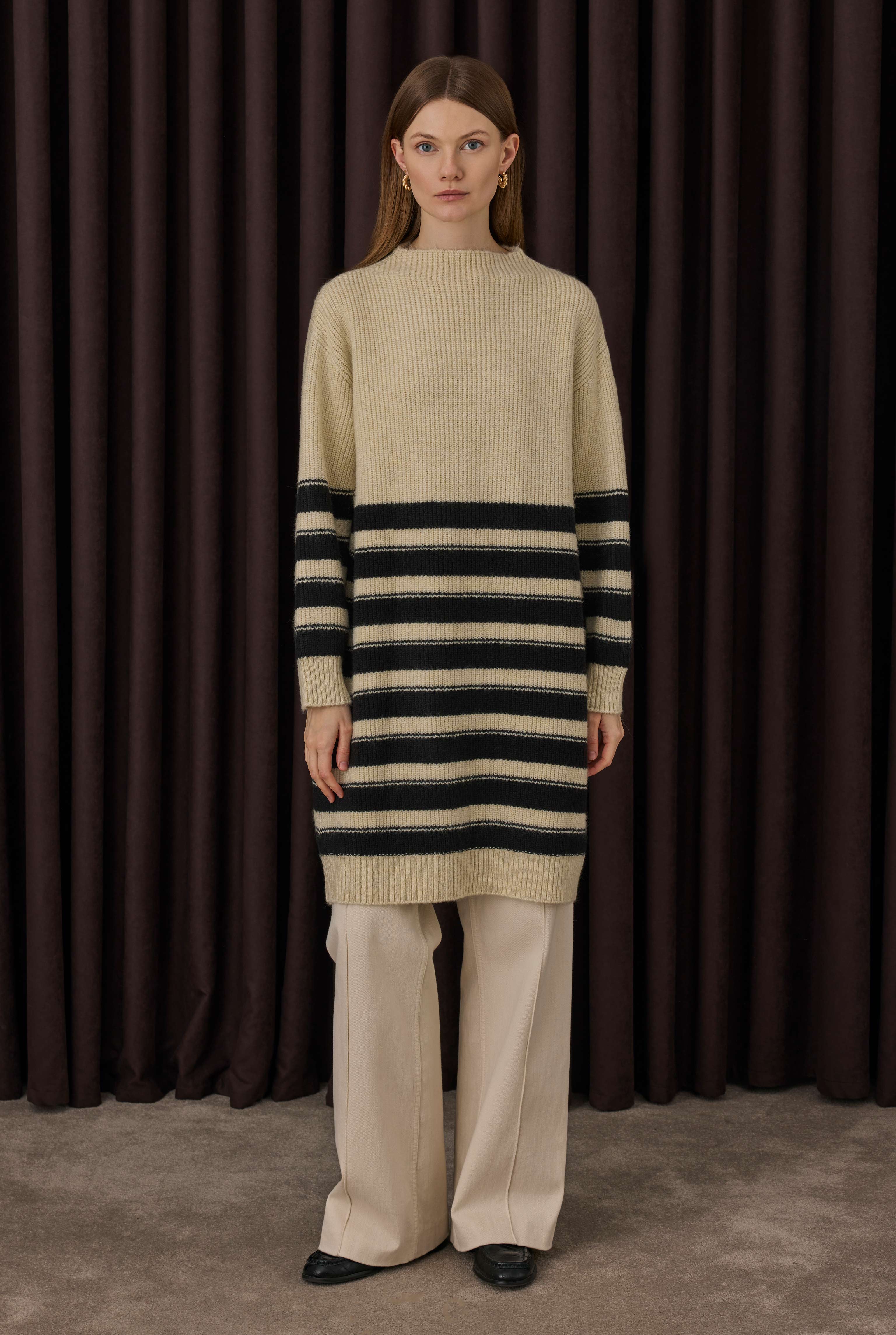 Long Fine Striped Sweater Bone-Black - 1