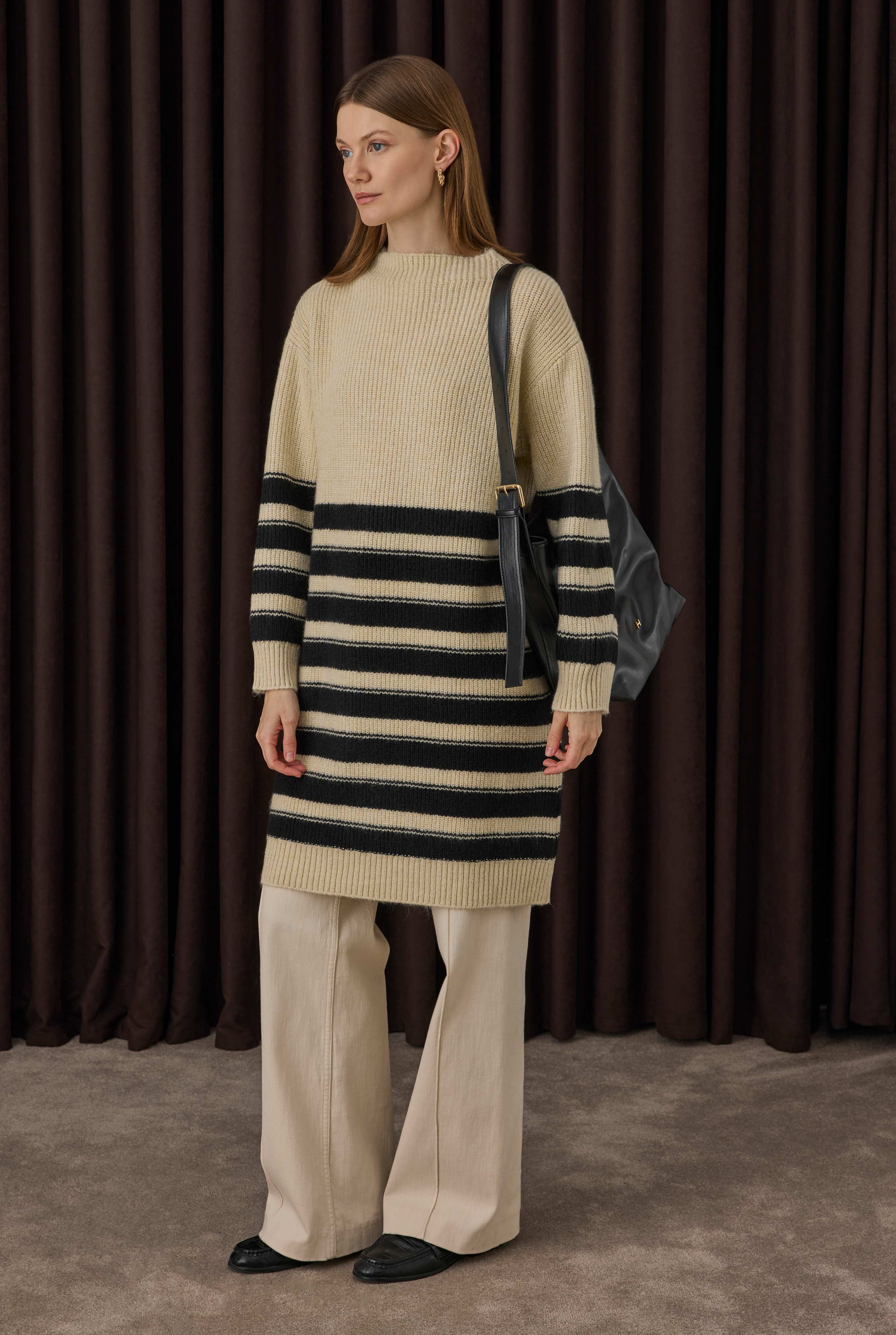 Long Fine Striped Sweater Bone-Black - 2