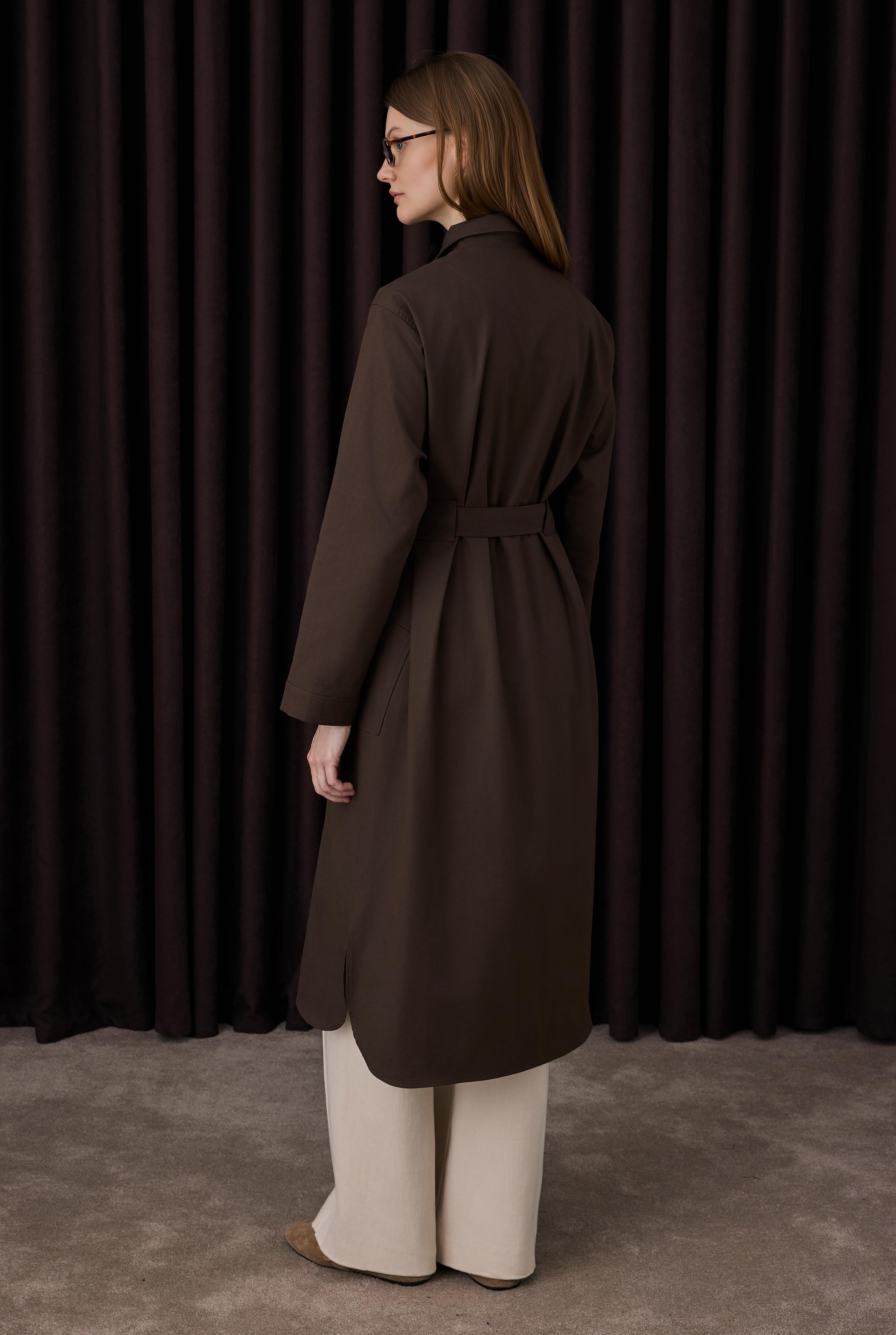 Belt Detailed Long Shirt Dark Brown - 3