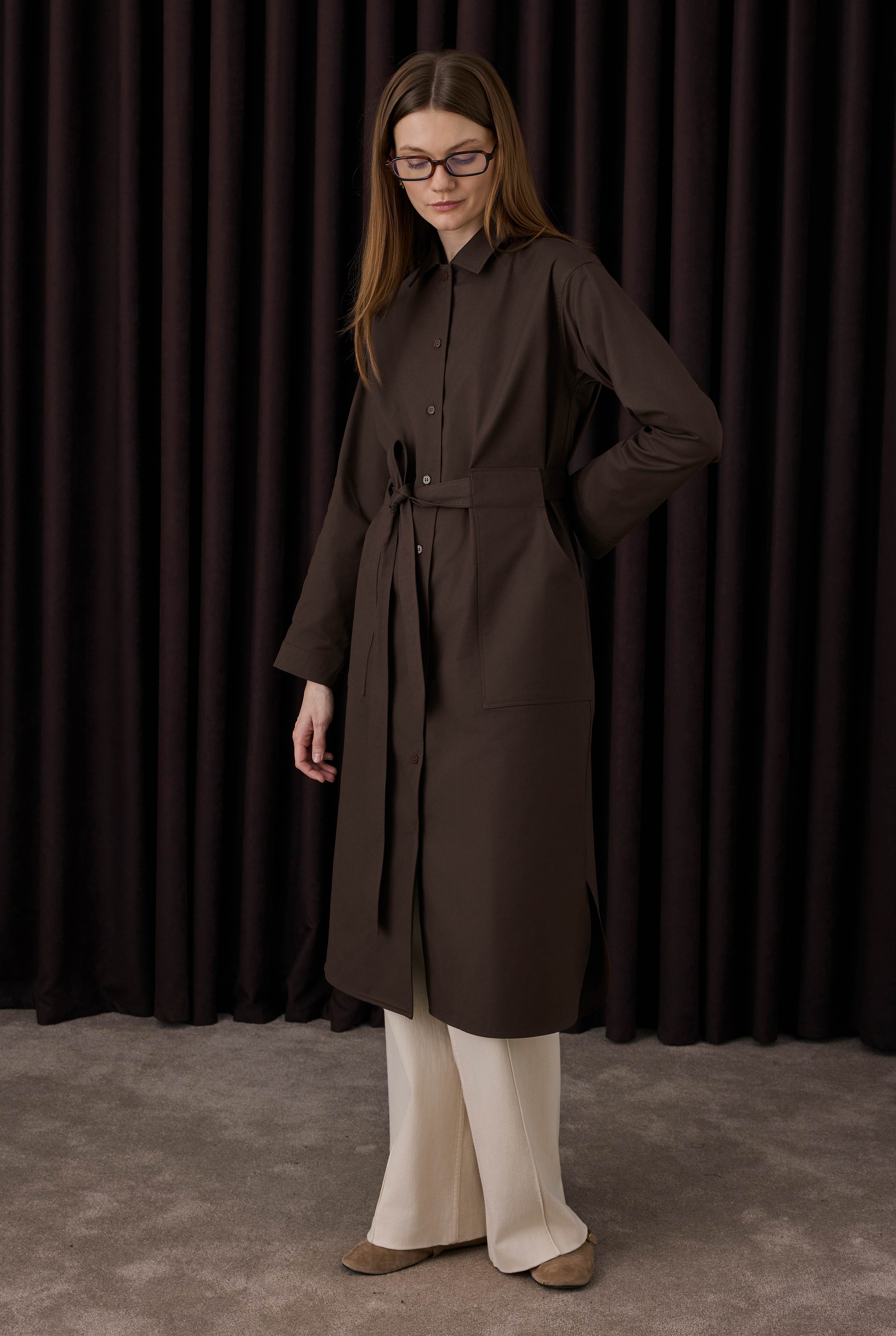 Belt Detailed Long Shirt Dark Brown - 4