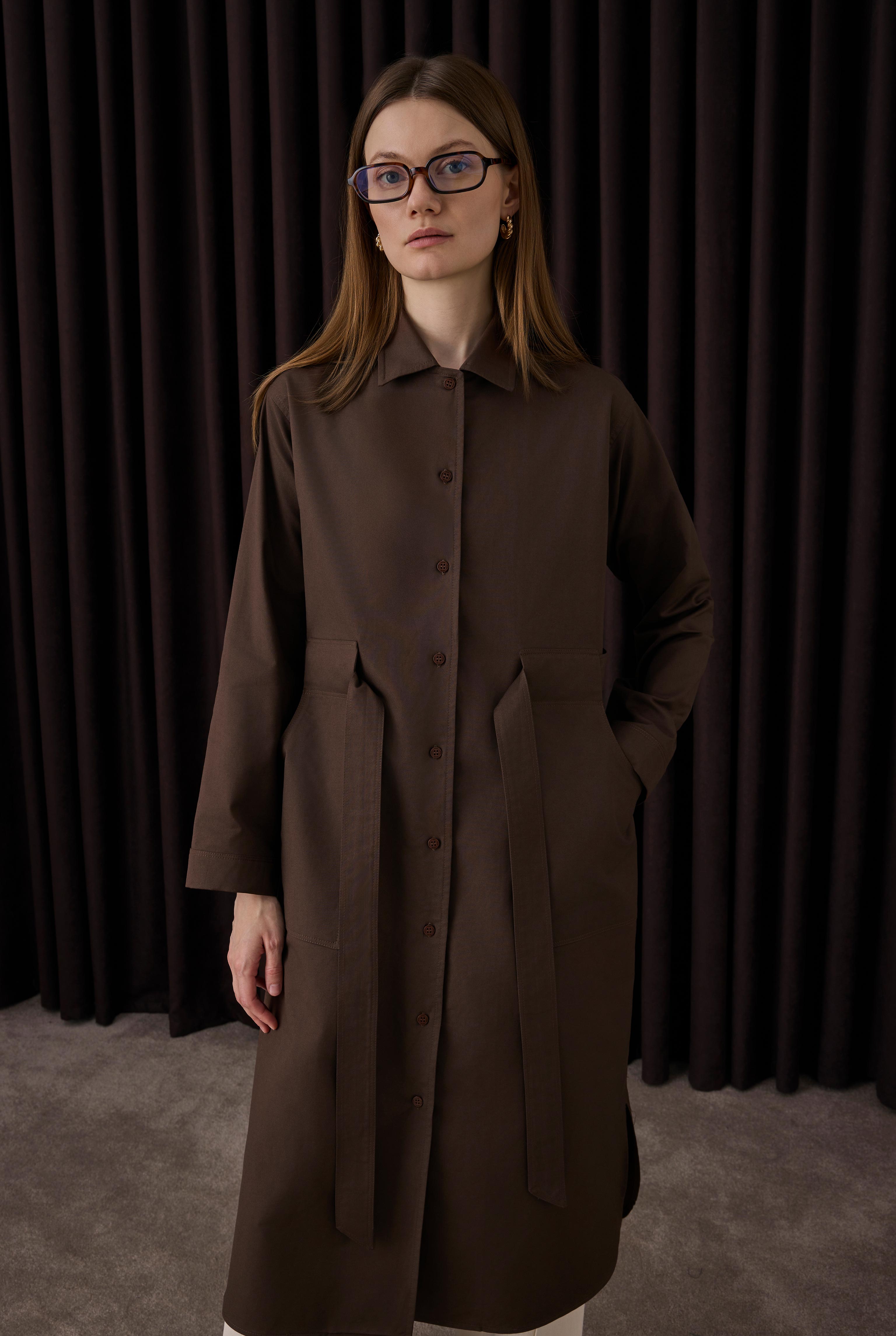 Belt Detailed Long Shirt Dark Brown - 2