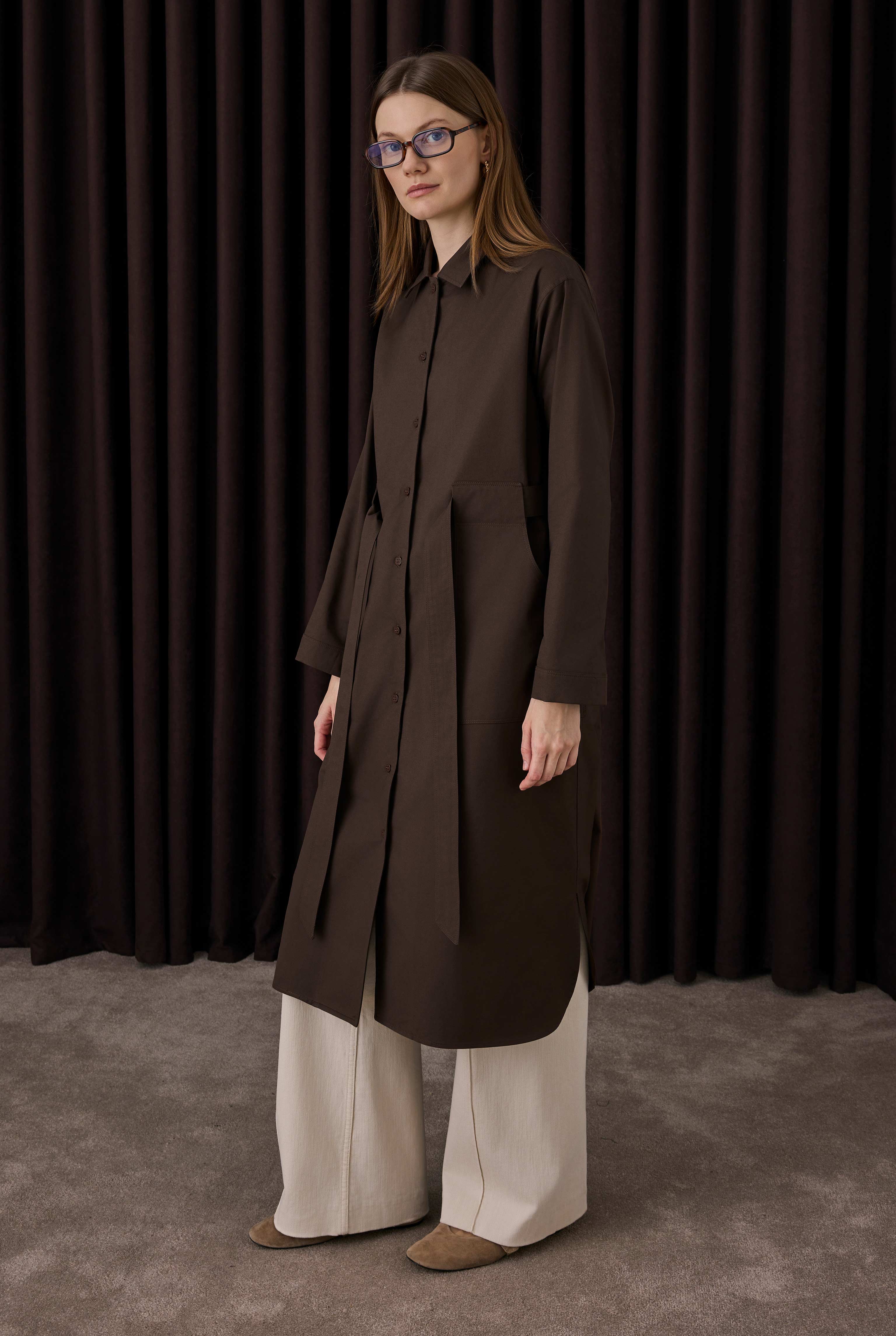 Belt Detailed Long Shirt Dark Brown - 5