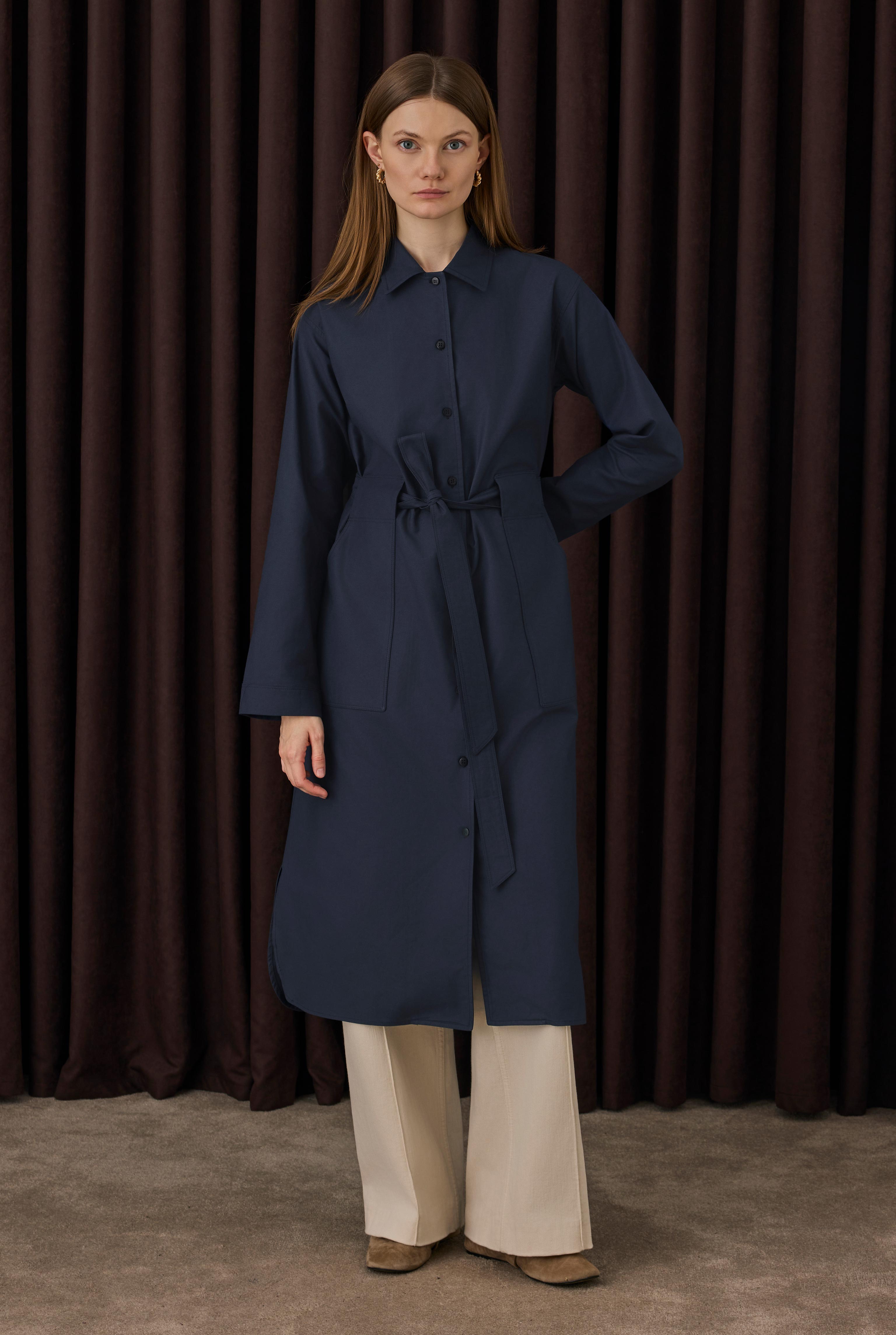 Belt Detailed Long Shirt Navy Blue - 1