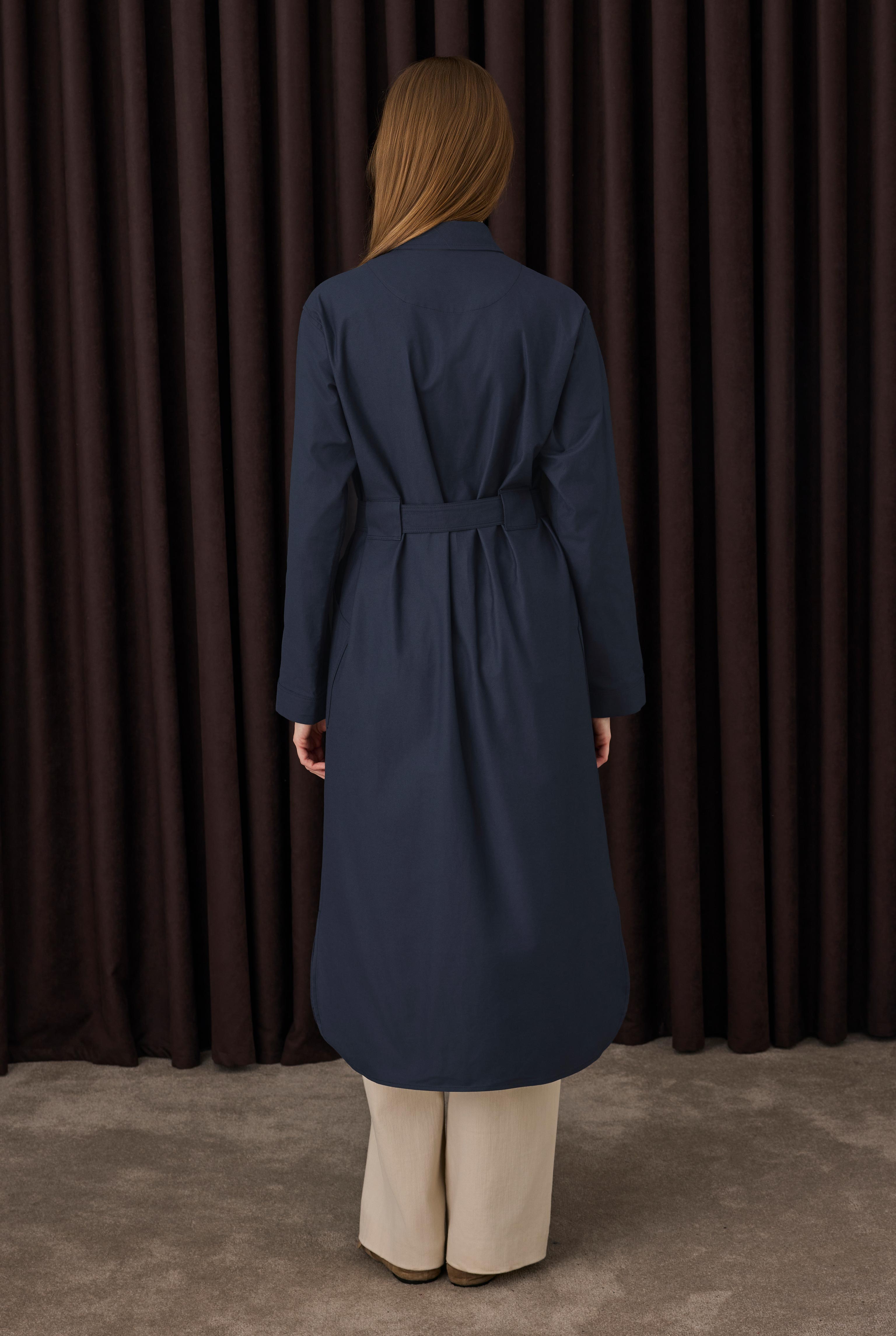 Belt Detailed Long Shirt Navy Blue - 4