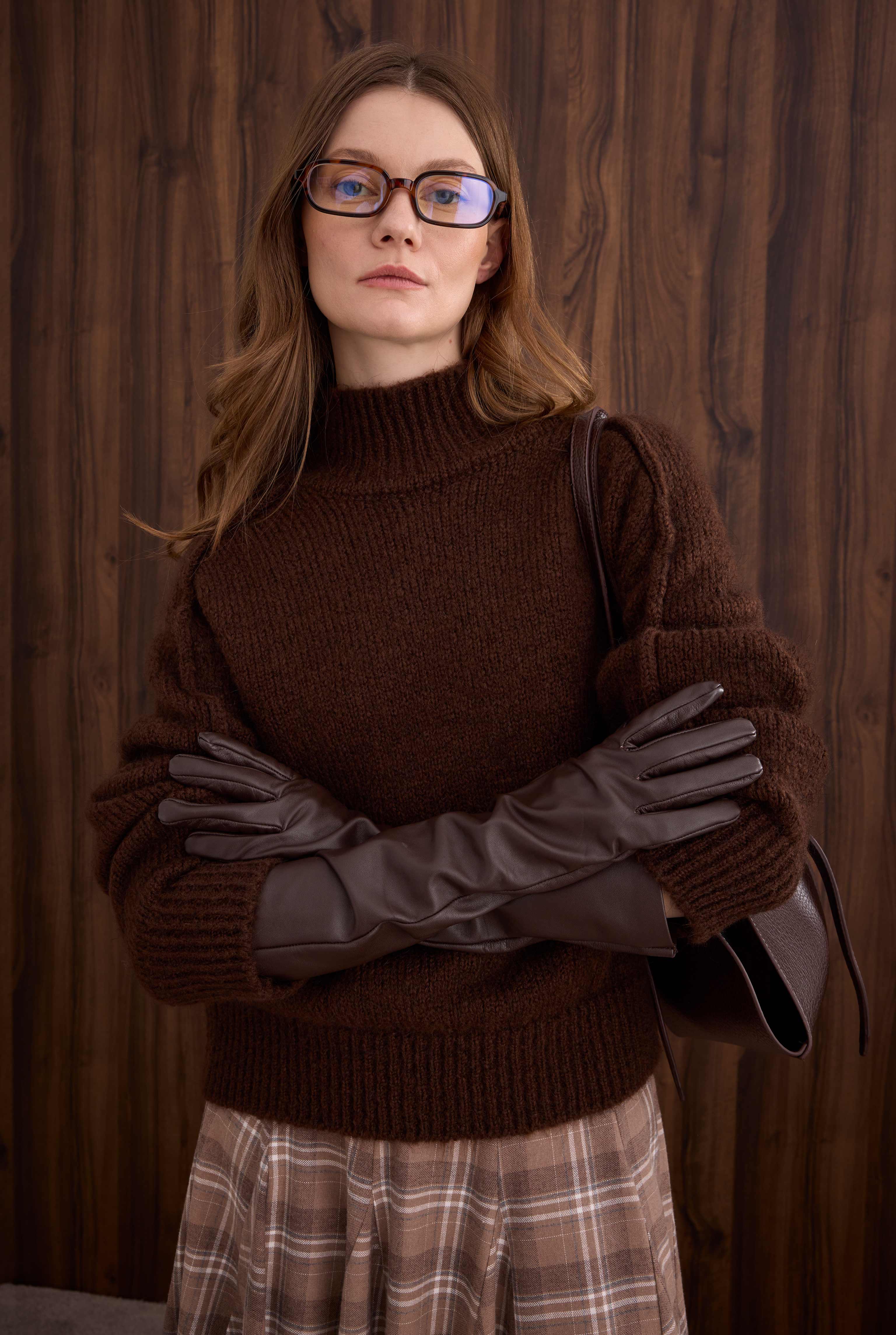 100% Leather Long Gloves Dark Brown - HE-QA