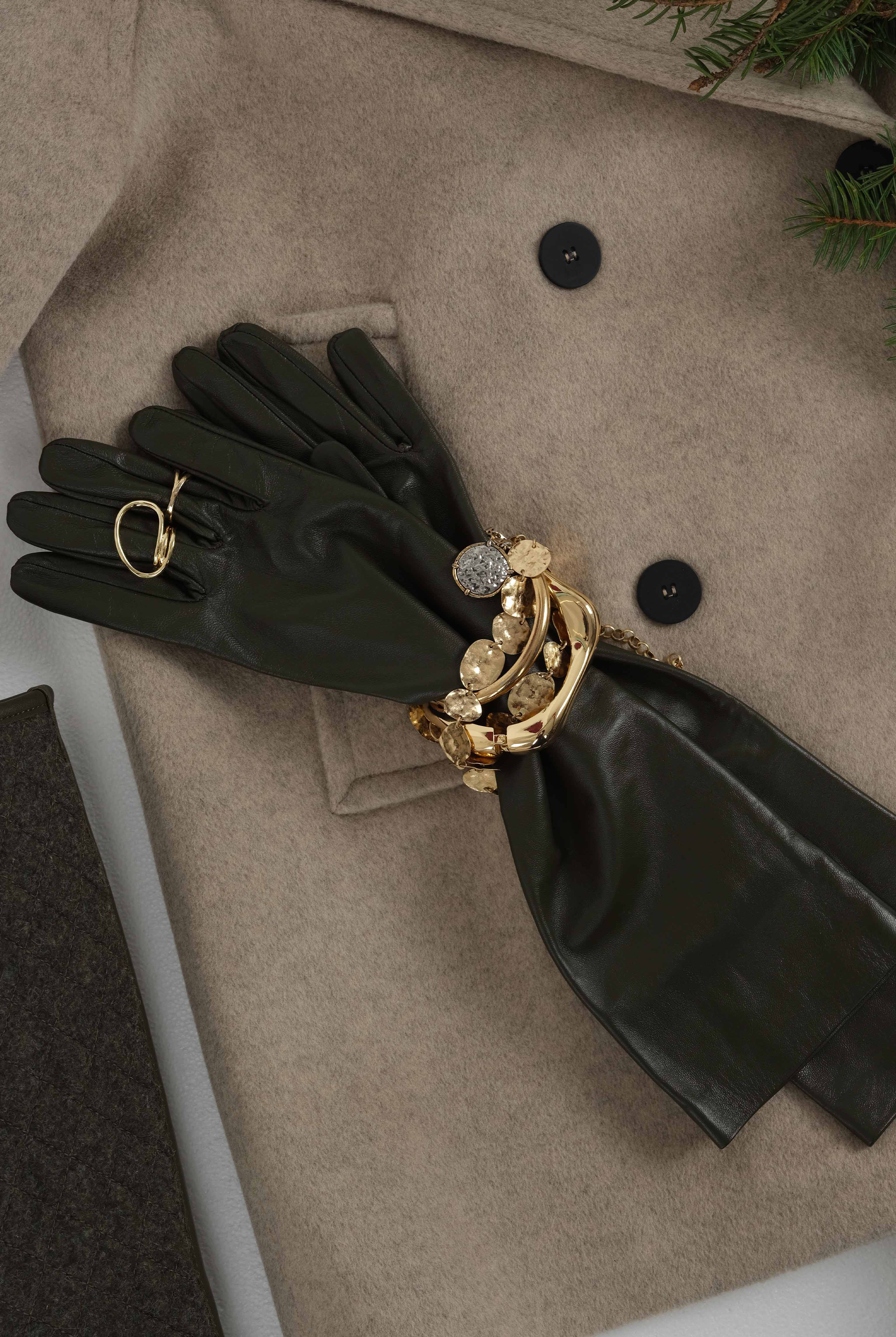 100% Leather Long Gloves Khaki - 2
