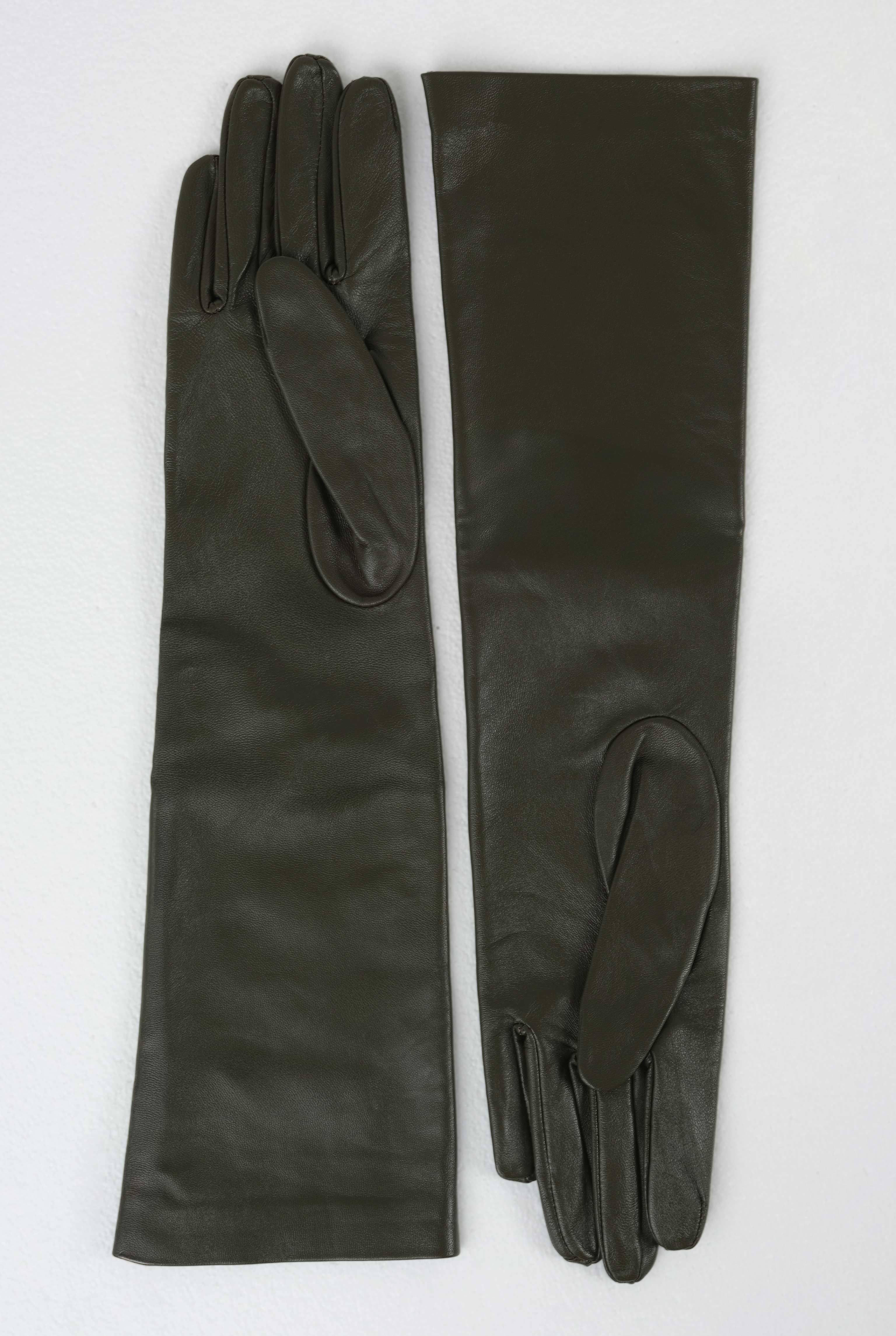 100% Leather Long Gloves Khaki - 3