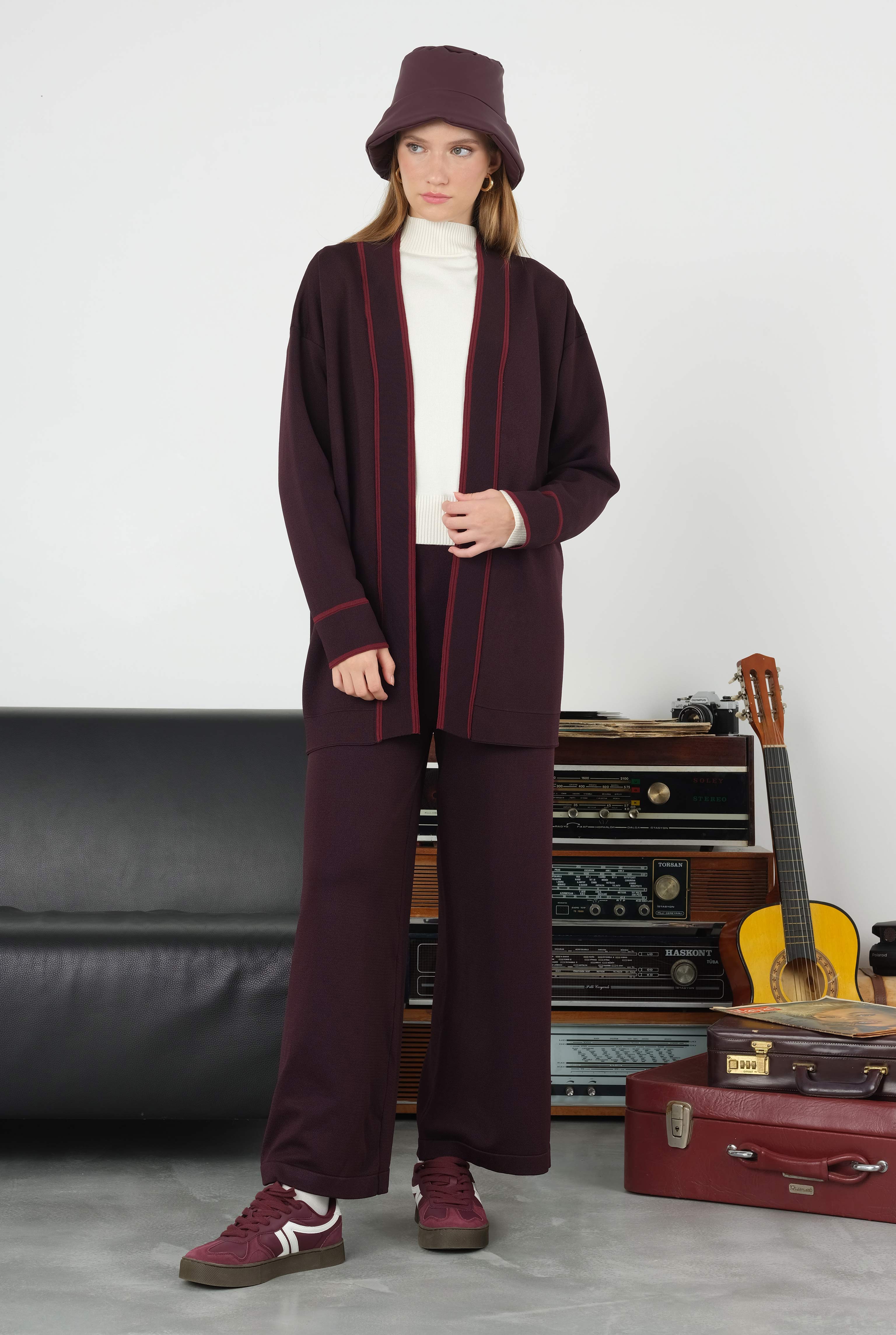 Beli Lastikli Triko Pantolon Koyu Mürdüm - 7