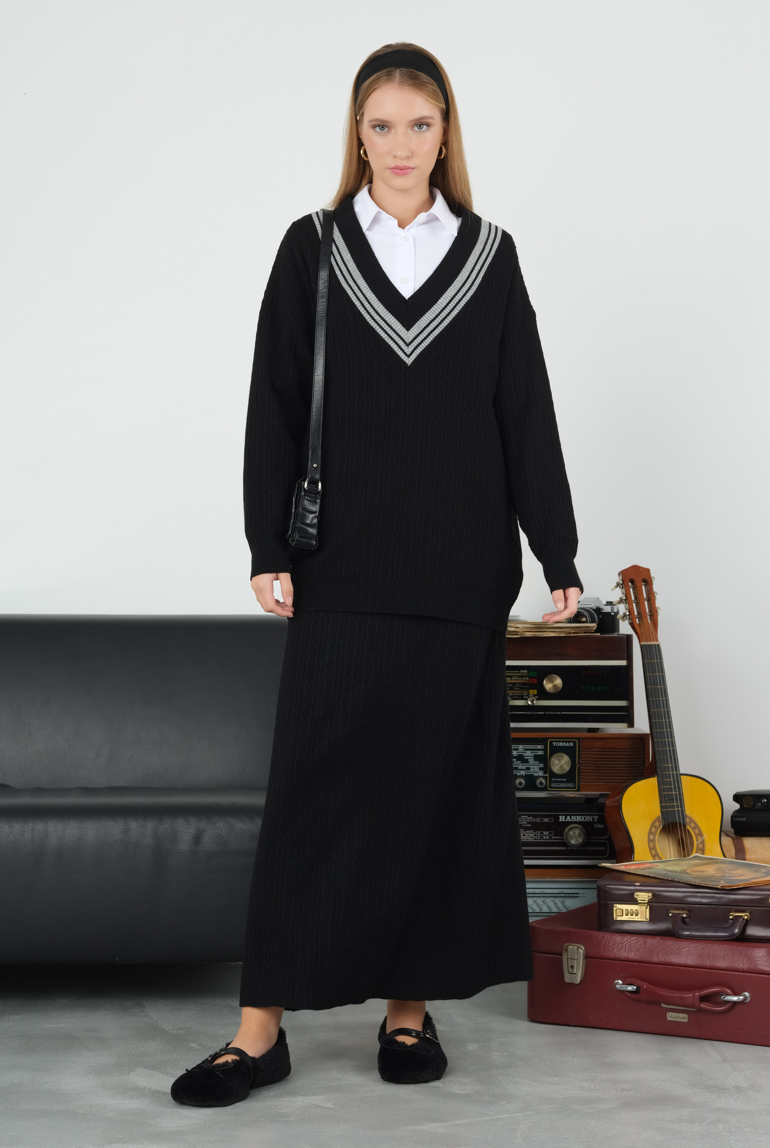 Textured Knitwear Skirt Black - 7