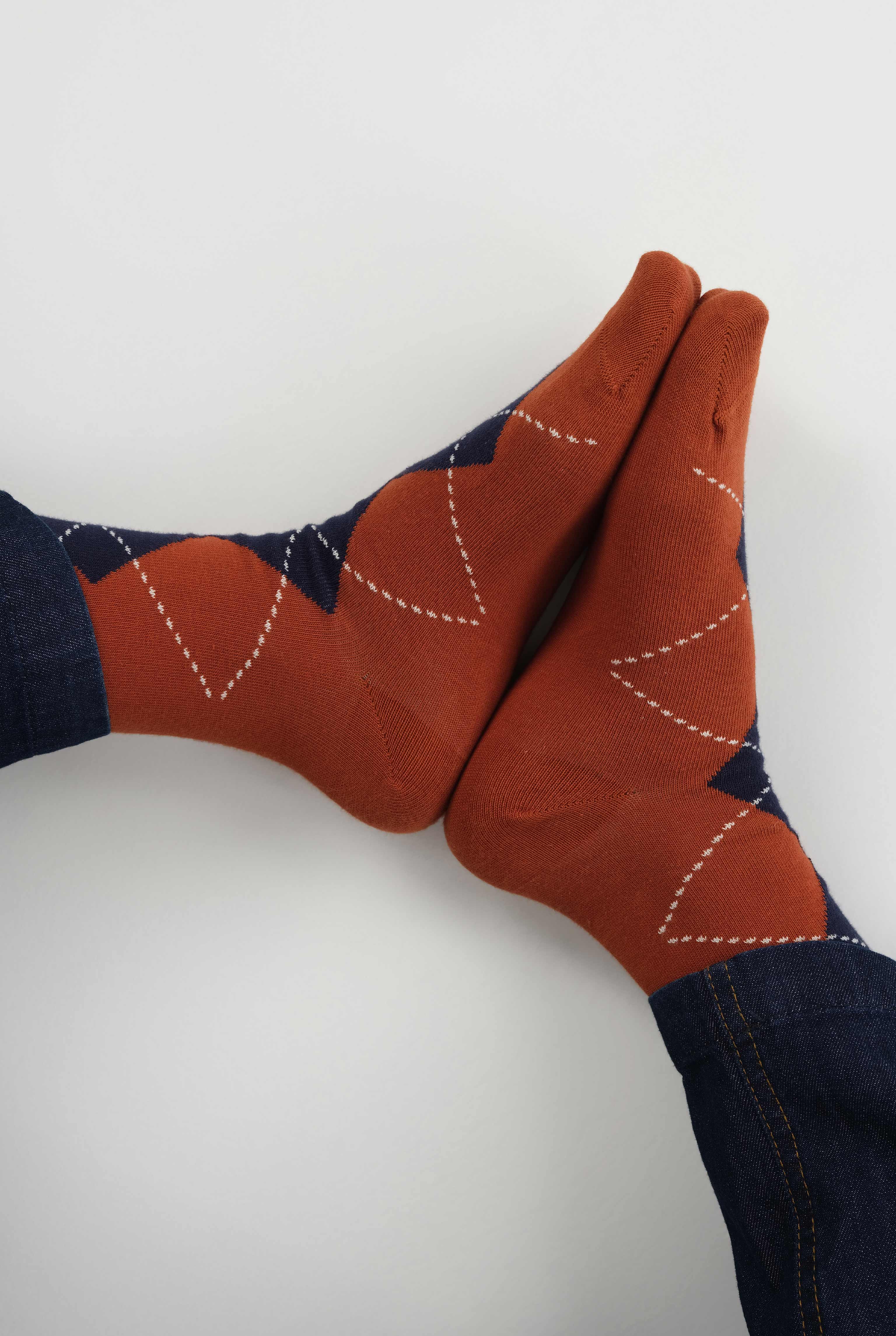 Argyle Patterned Ankle Socks Terracotta-Navy Blue - 2