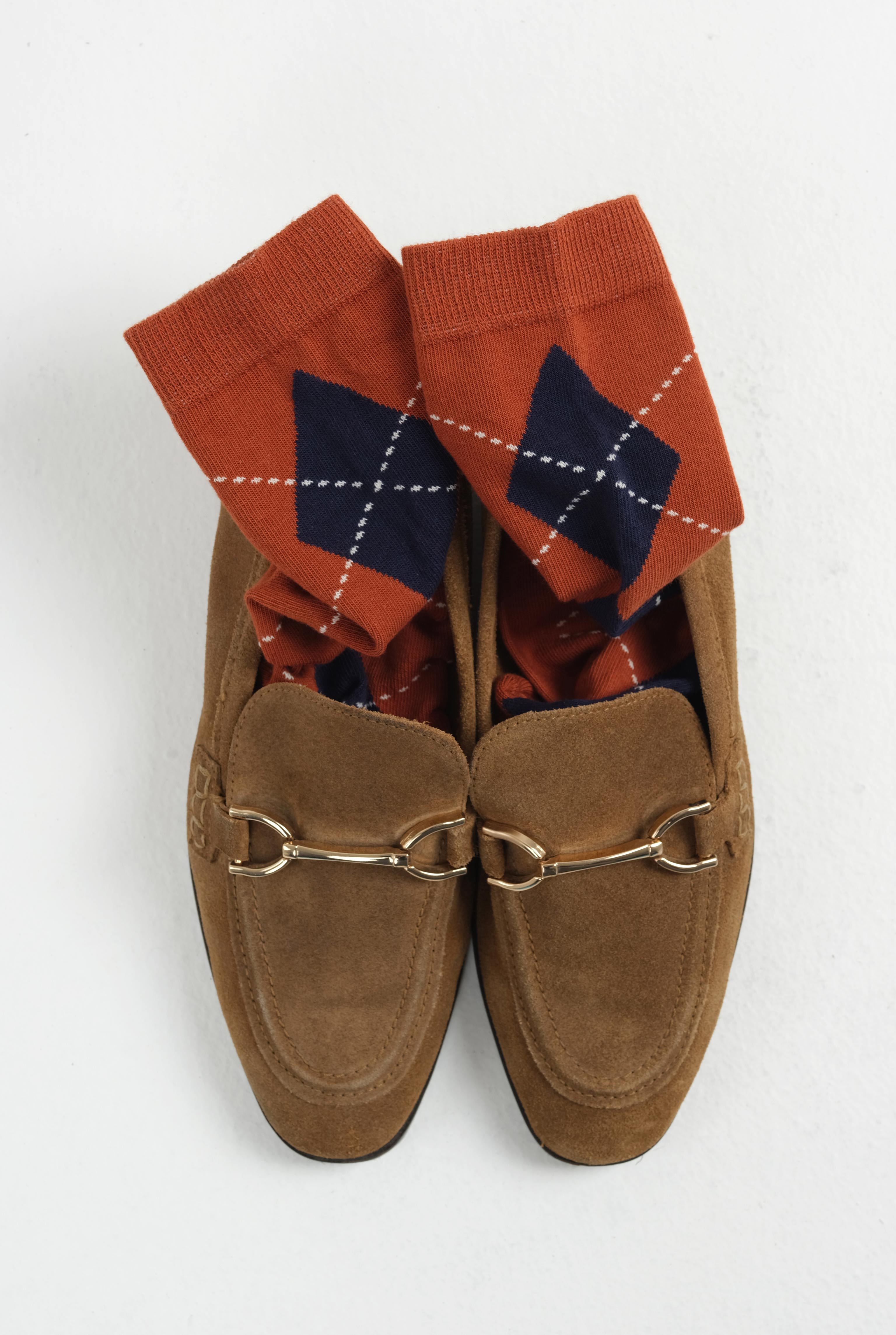 Argyle Patterned Ankle Socks Terracotta-Navy Blue - 1