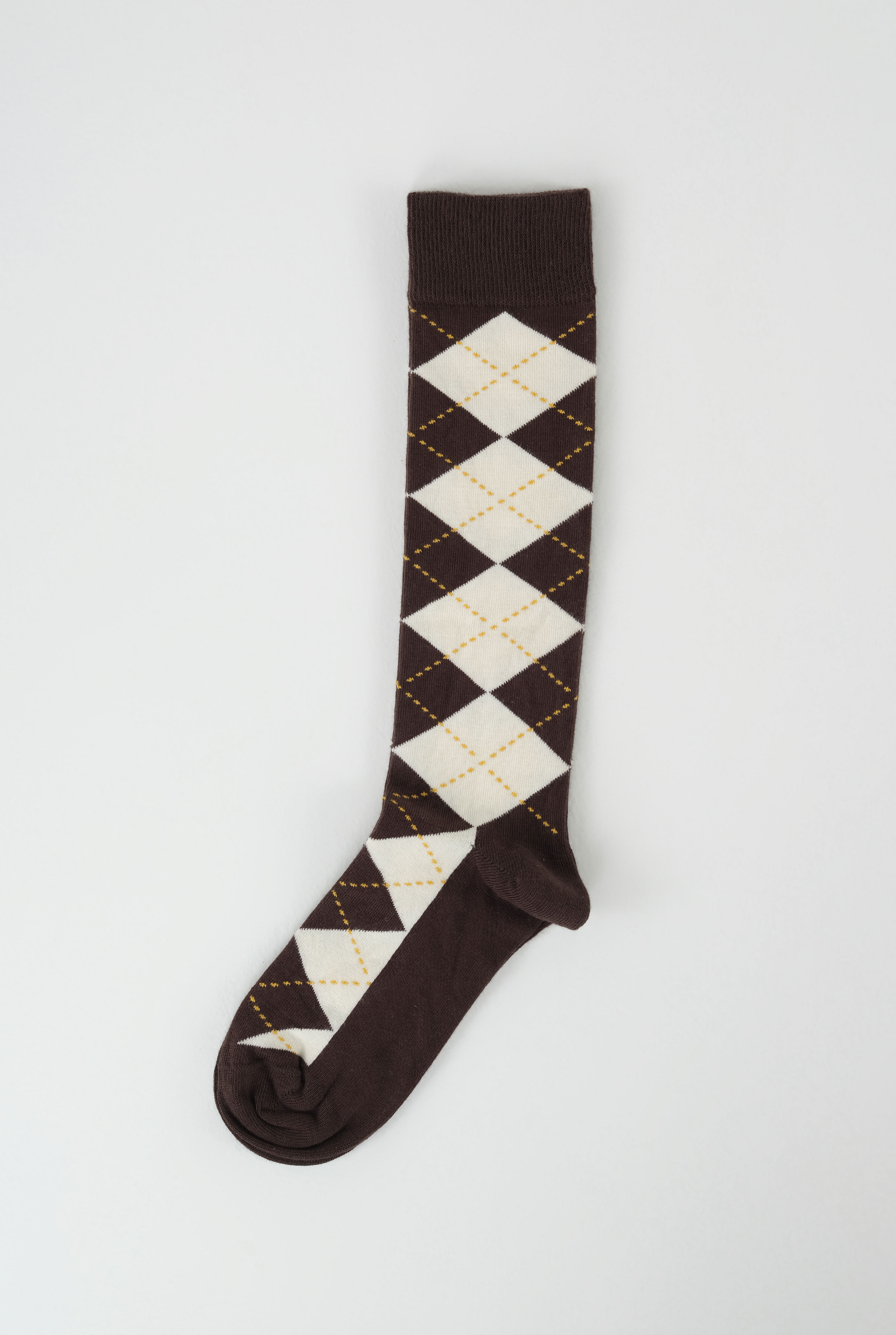 Argyle Patterned Knee-High Socks Dark Brown -Ecru - 2