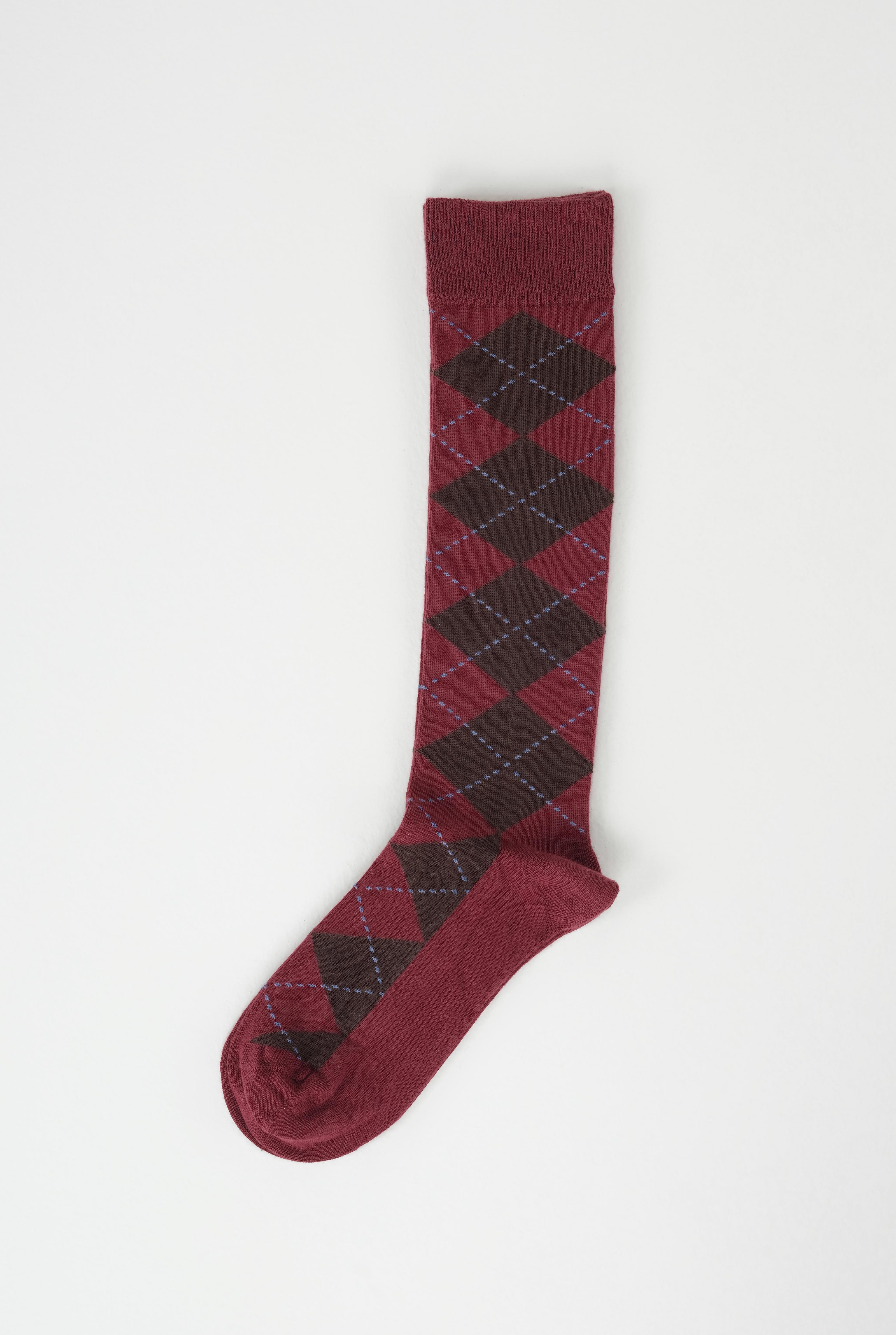 Argyle Patterned Knee-High Socks Bordeaux-Dark Brown - 2