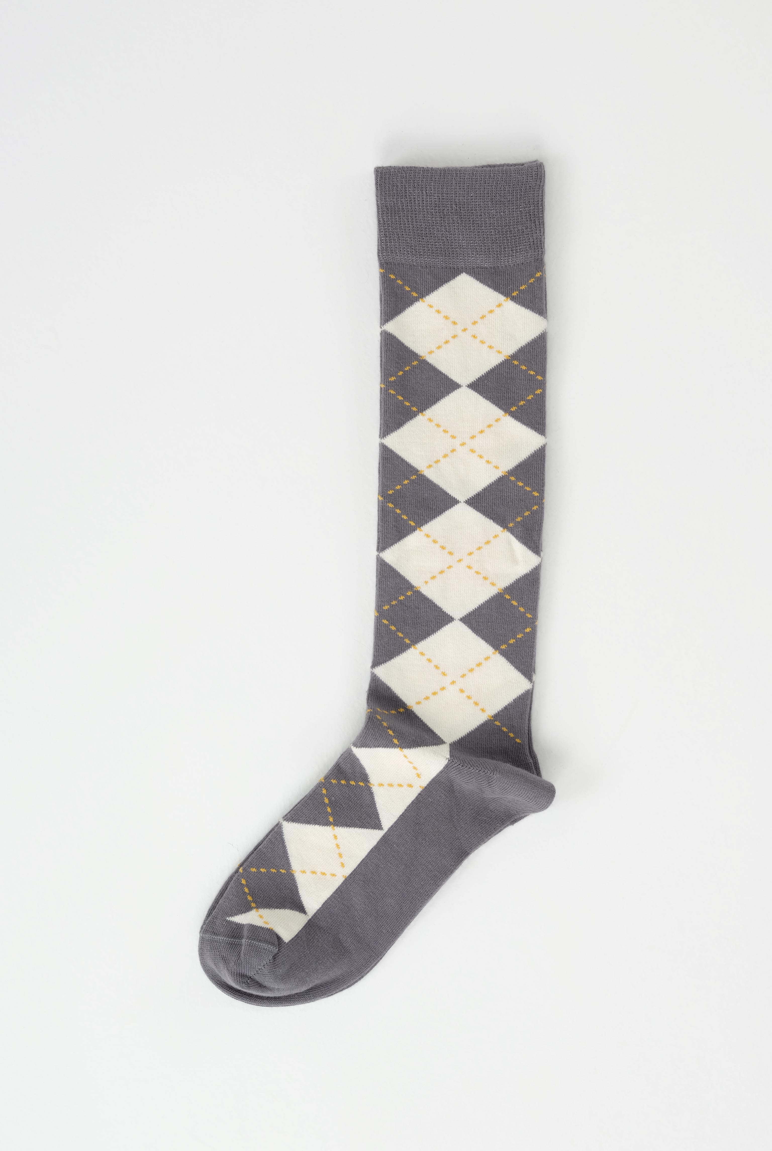Argyle Patterned Knee-High Socks Gray-Ecru - 3
