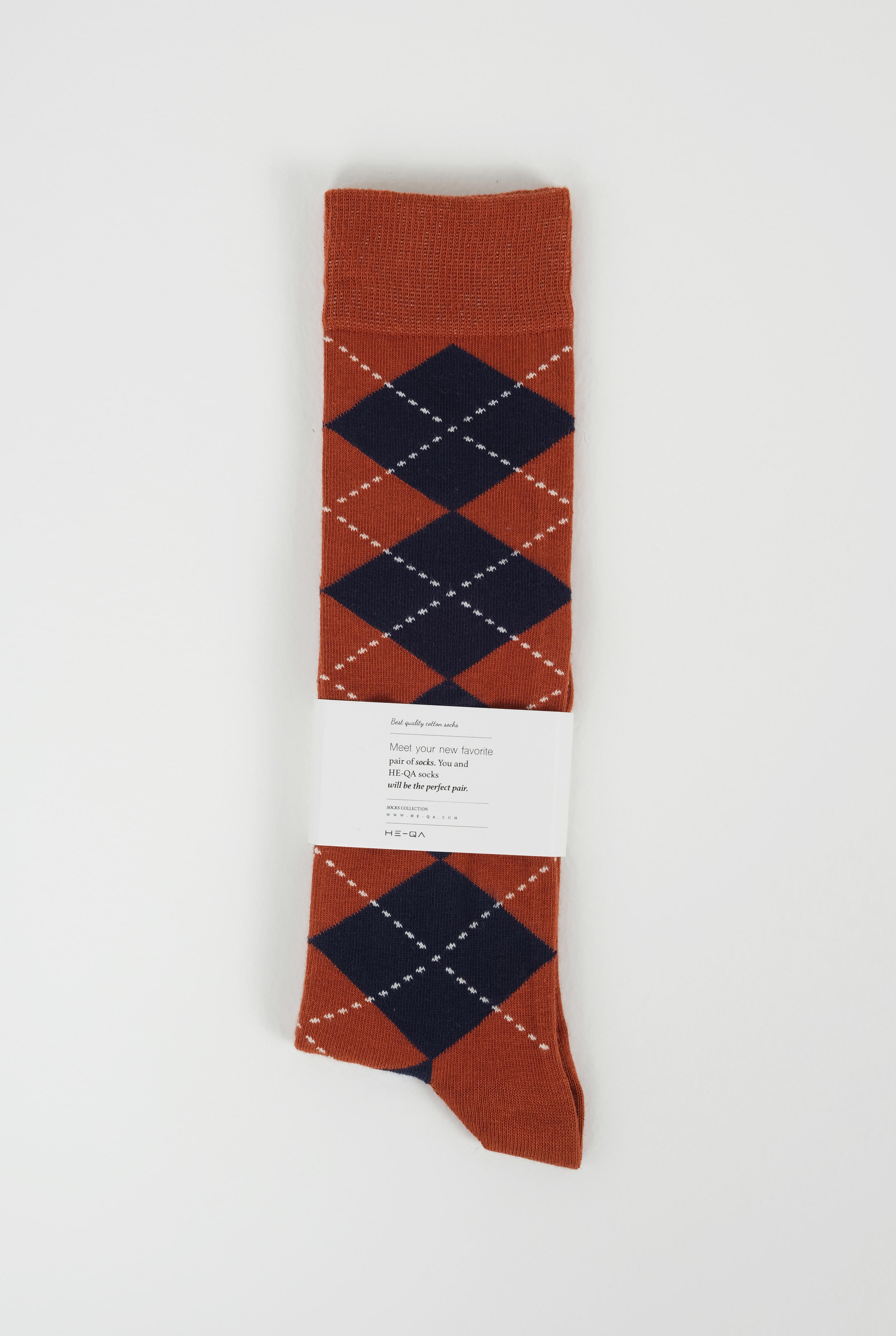 Argyle Patterned Knee-High Socks Terracotta-Navy Blue - HE-QA