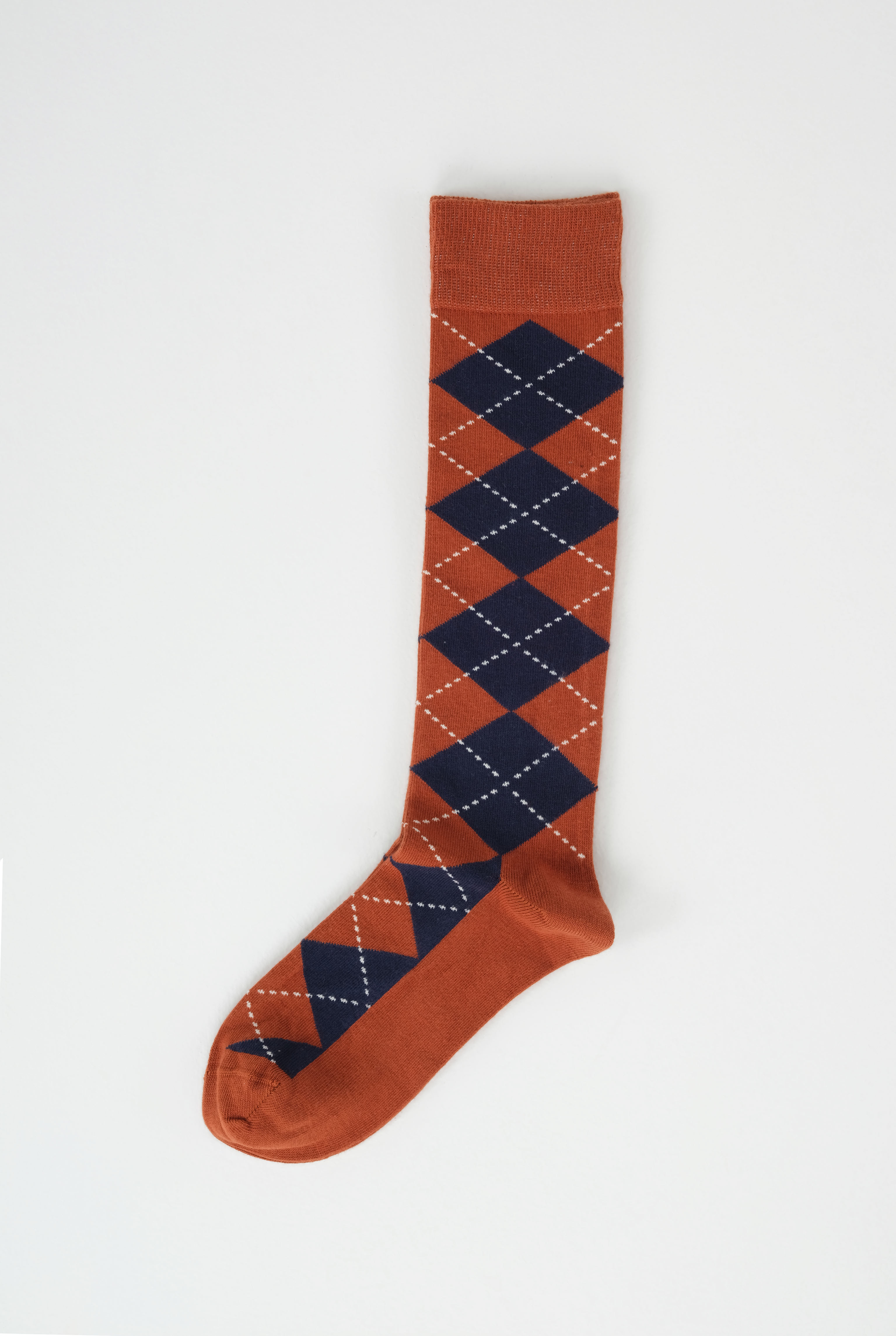 Argyle Patterned Knee-High Socks Terracotta-Navy Blue - 2