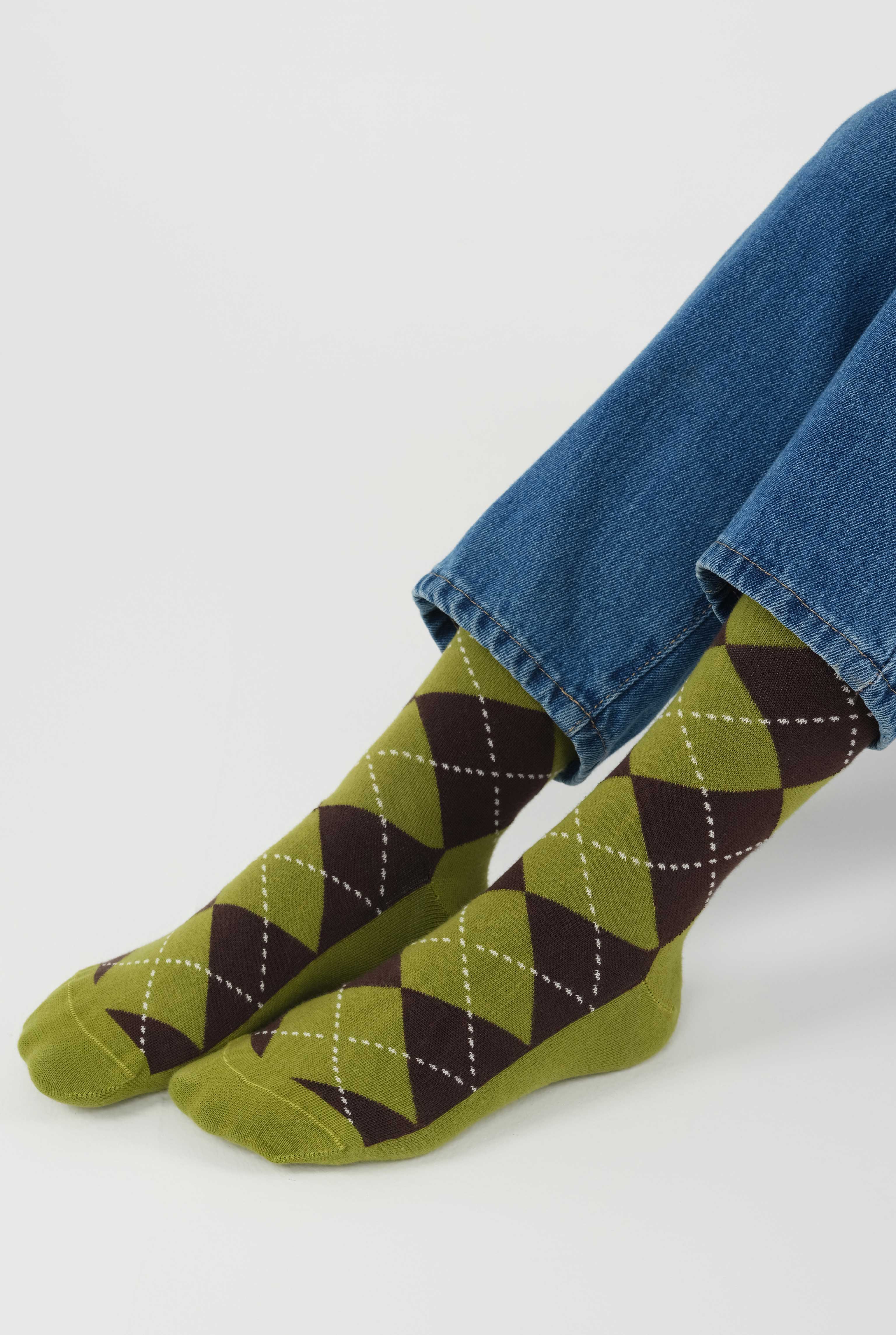 Argyle Patterned Knee-High Socks Moss Green-Dark Brown - 2