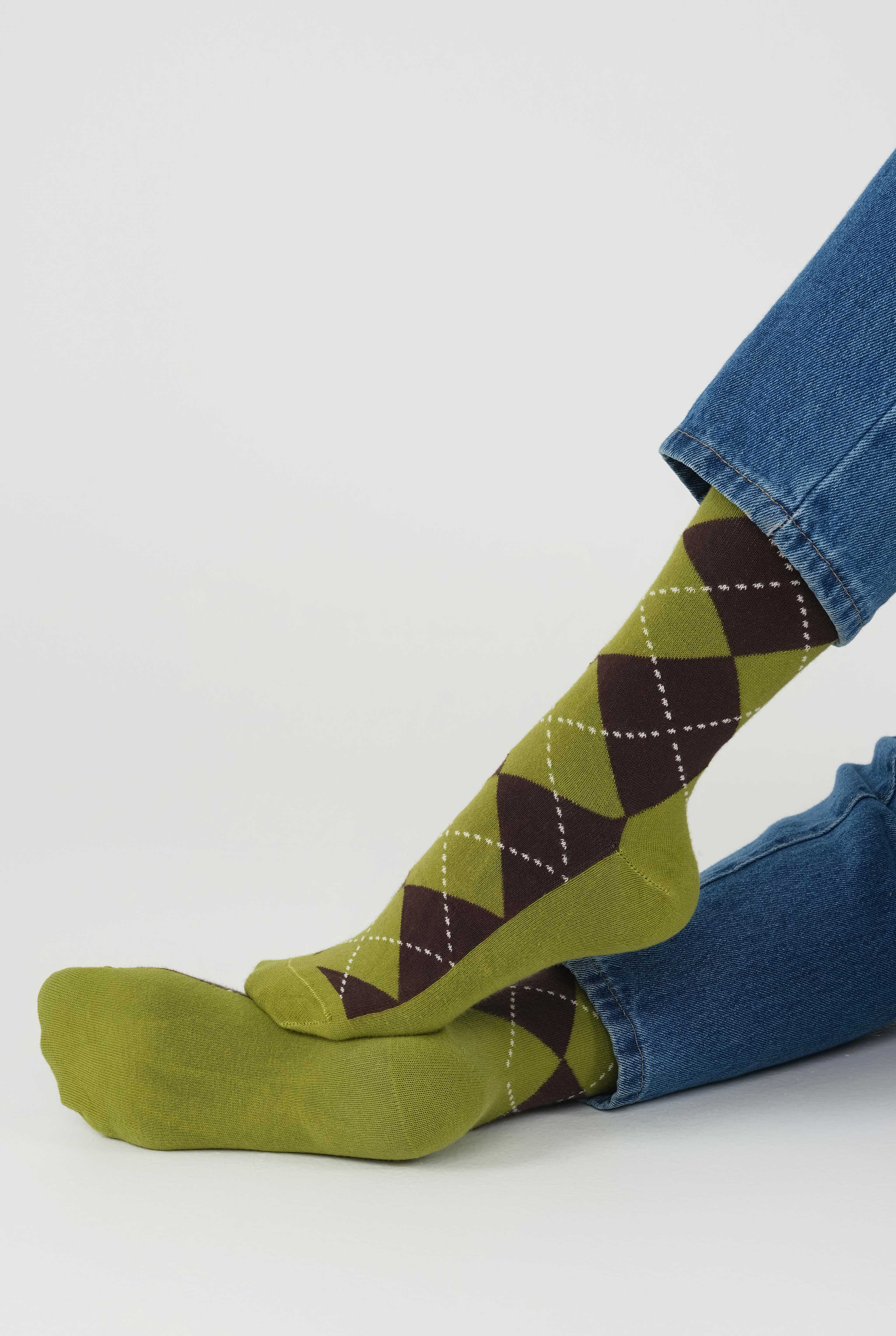 Argyle Patterned Knee-High Socks Moss Green-Dark Brown - 3